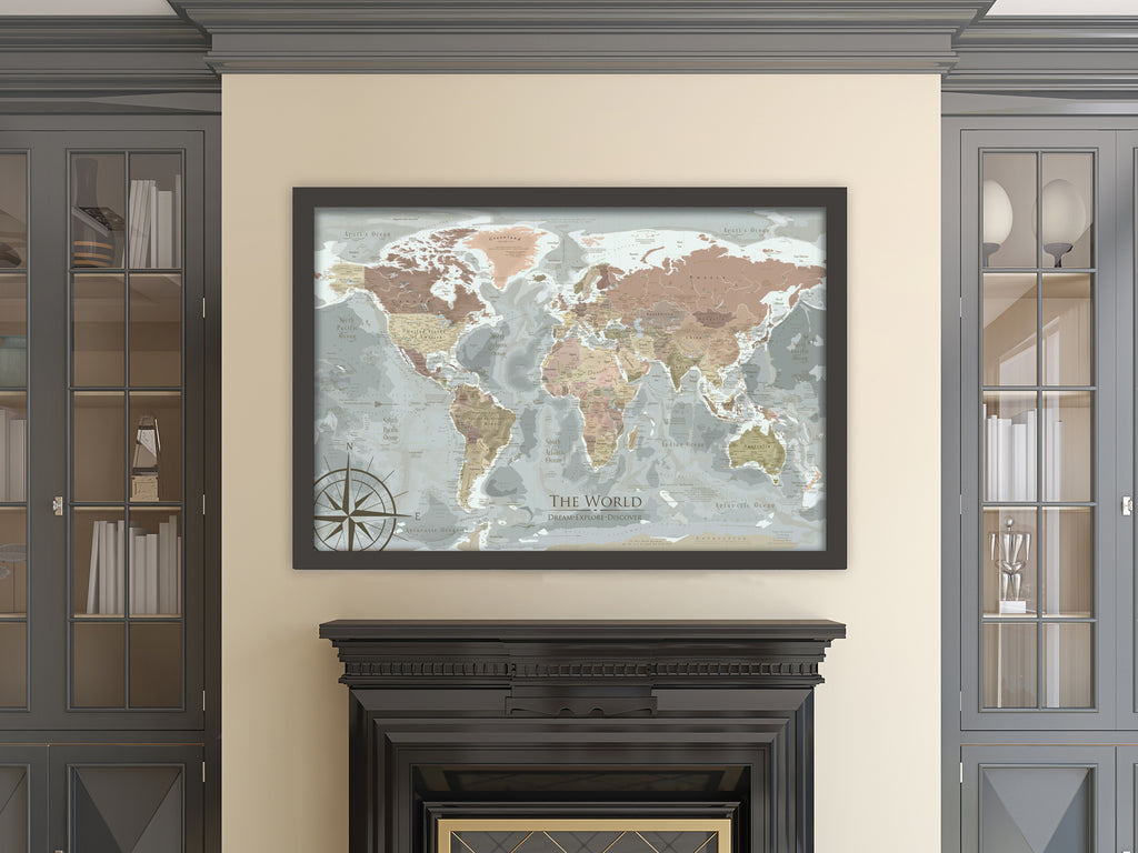 world map for wall black frame