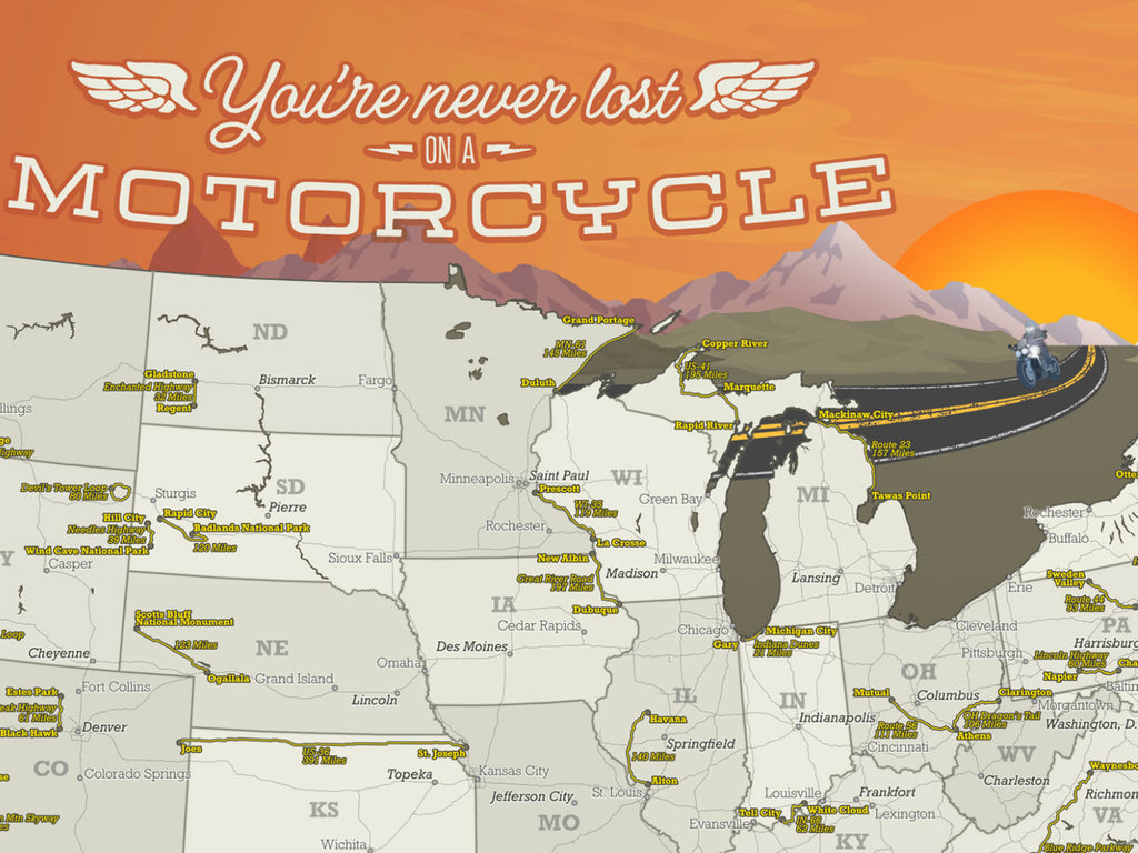Top 50 Motorcycle Road Trips in USA Map - Sunset Edition – GeoJango Maps