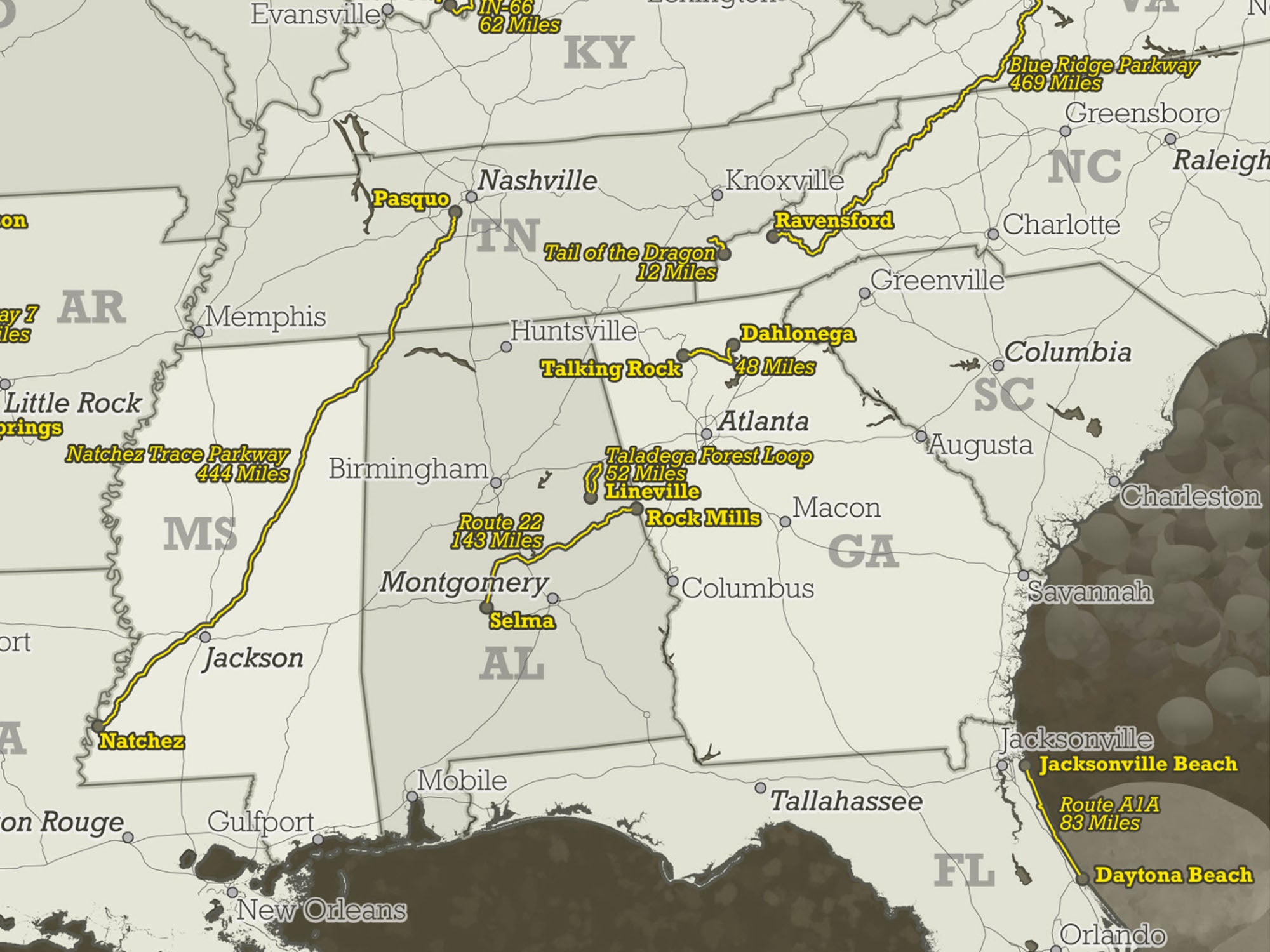 Natchez Trace Parkway road trip route