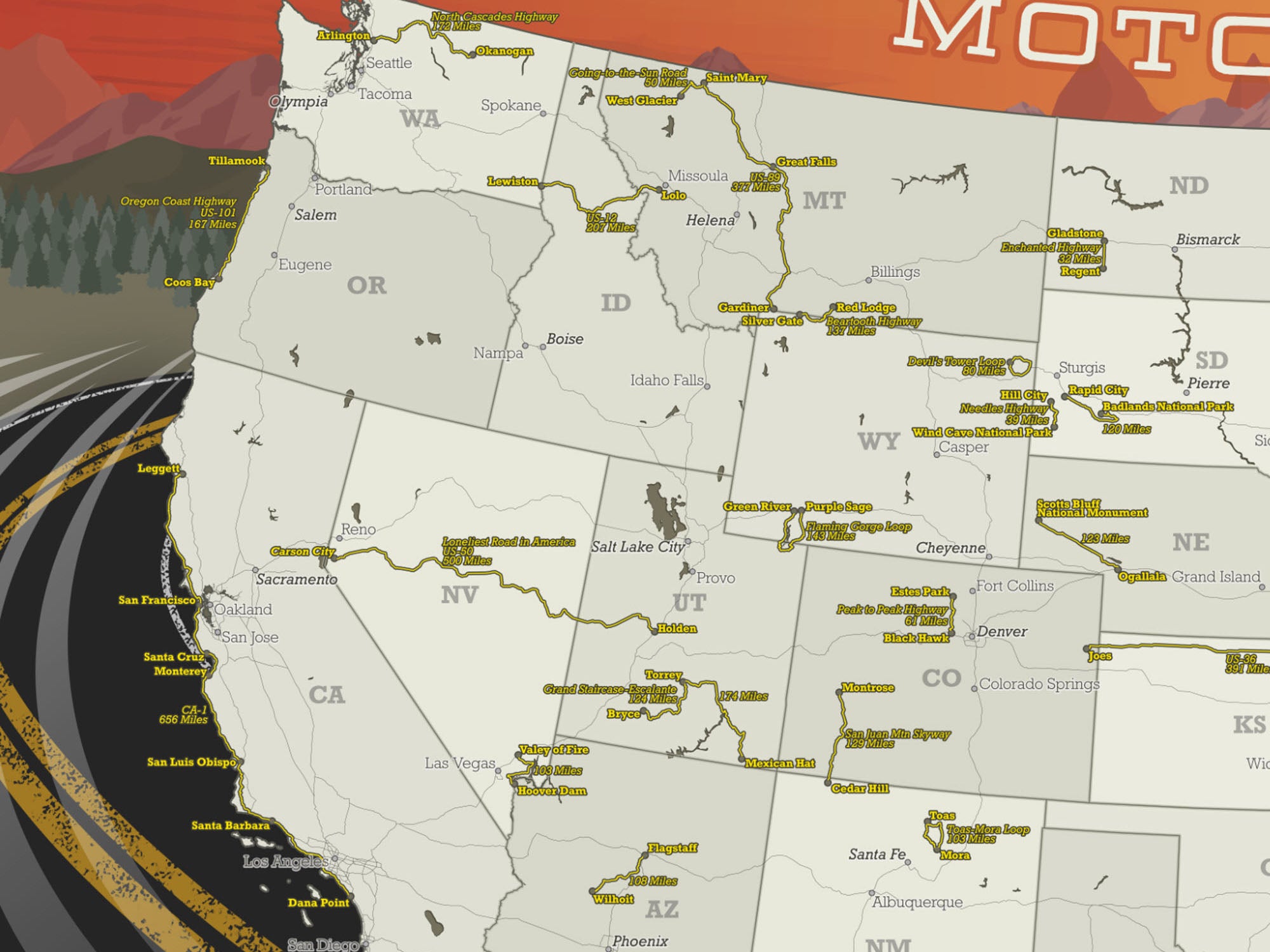 Motorcycle Map Rolodex Top 50 Motorcycle Routes in USA Map – GeoJango Maps