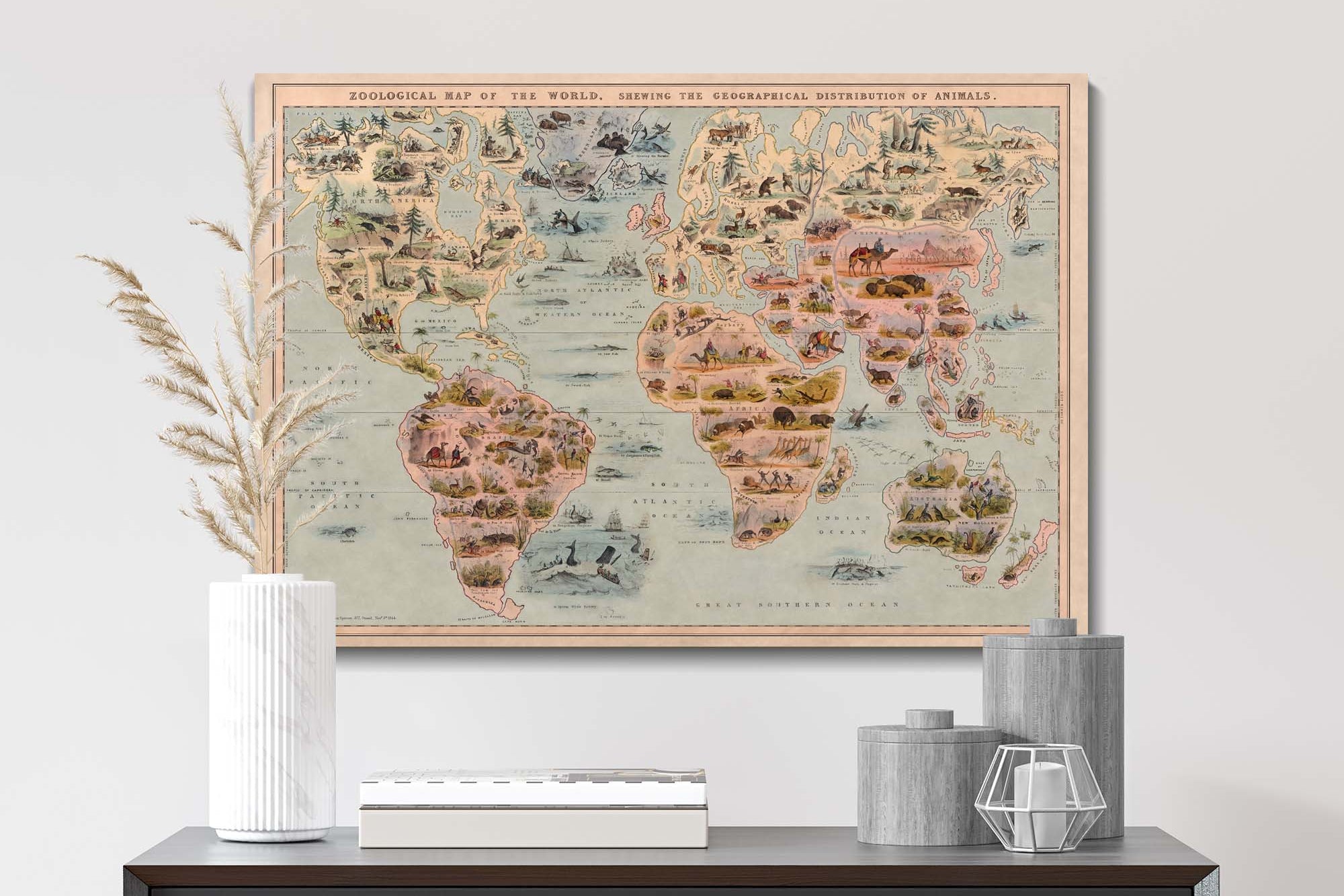 framed animal map of the world