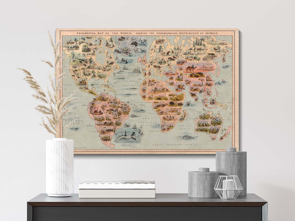 framed animal map of the world