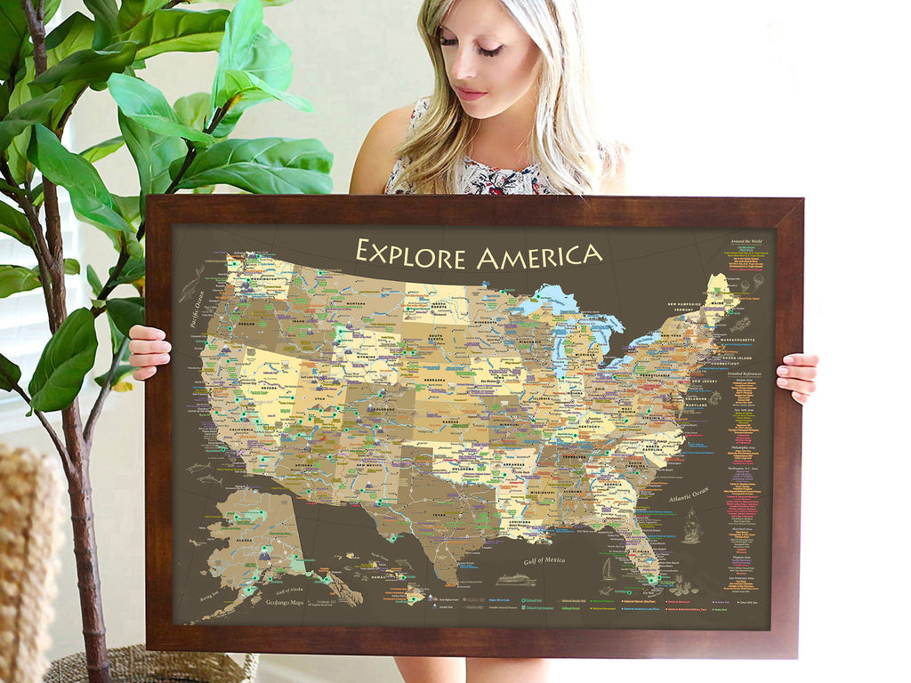 travel map of the united states in walnut frame