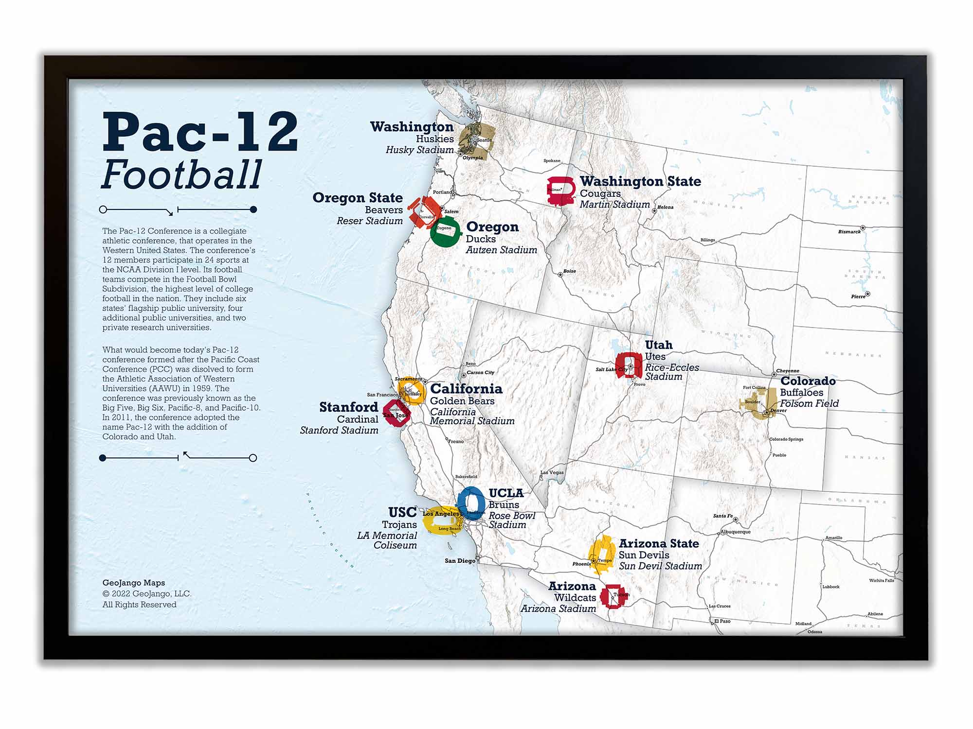 Map displaying locations of teams in the Pac-12 Conference, including the USC Trojans