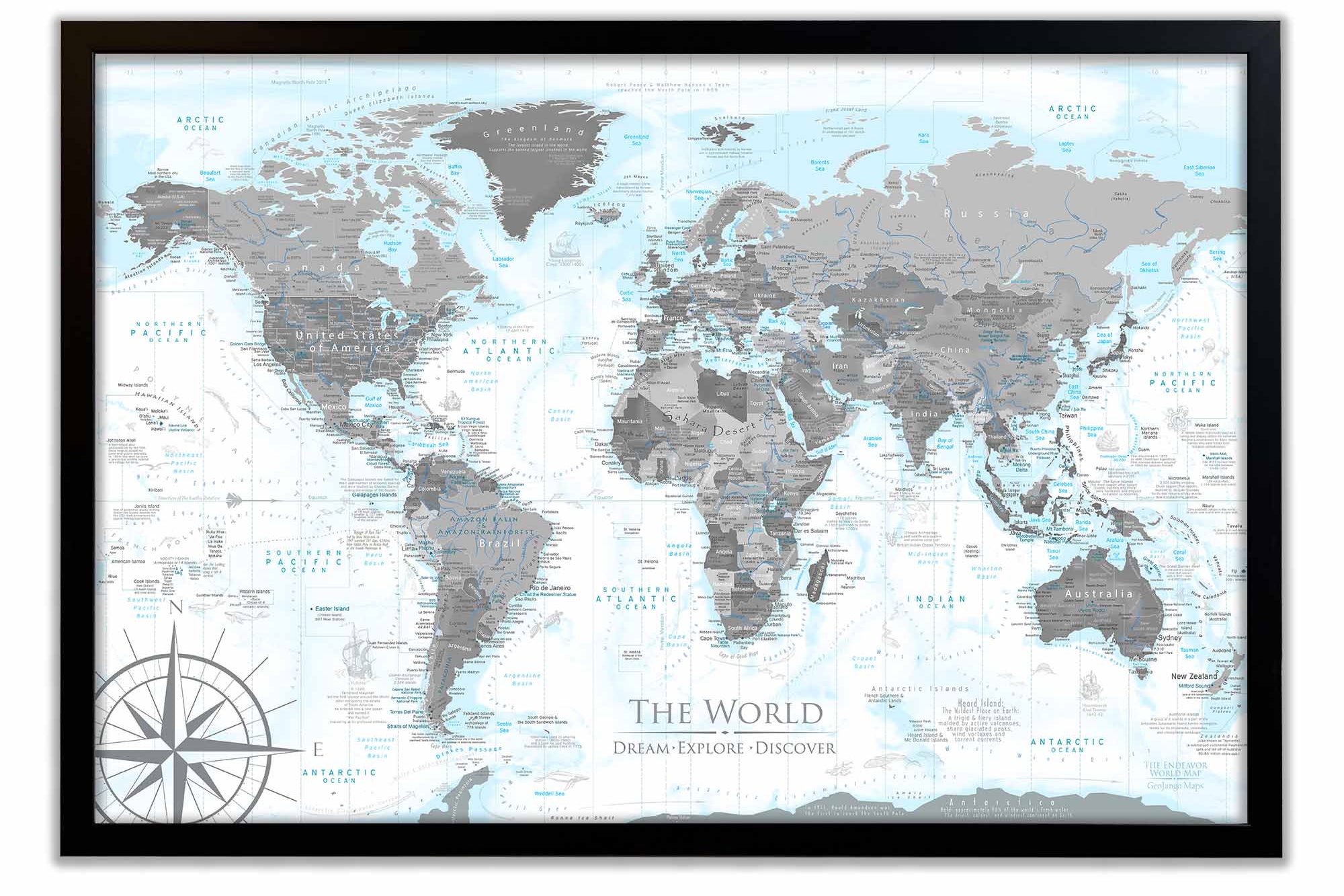 classic world map with push pins in black and white