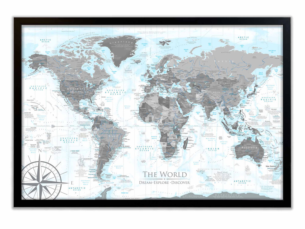 classic world map with push pins in black and white