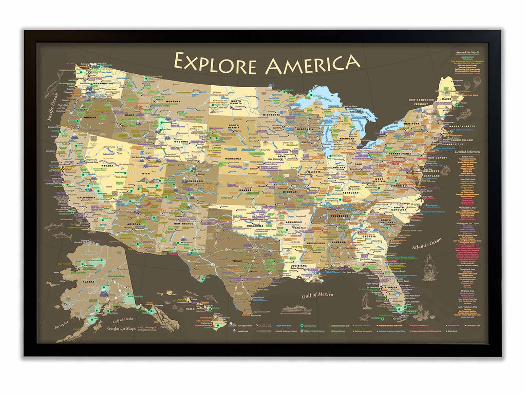 USA national parks push pin map in black frame