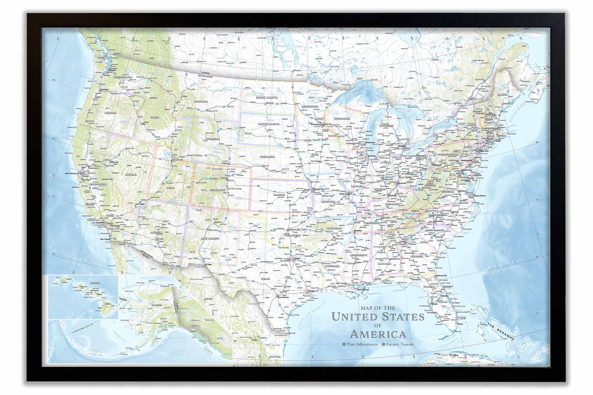 US Travel Map with Pins, labeled with states and detailed cities - track your usa travels!