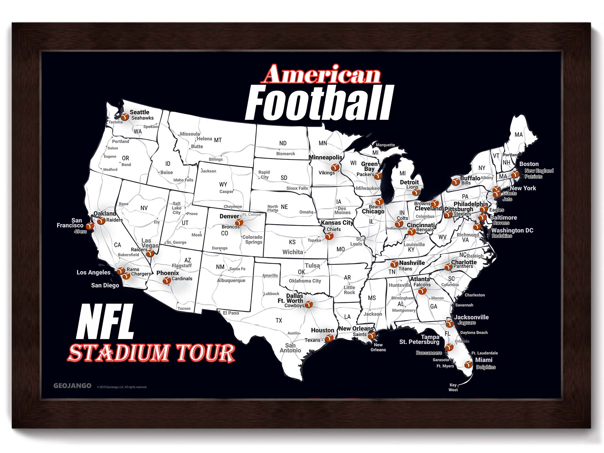 NFL Teams Map, Black Football Stadium Map – GeoJango Maps