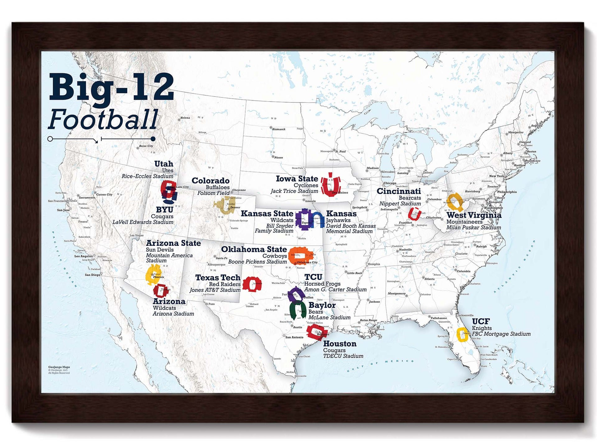 Big 12 Map with Teams and Stadiums