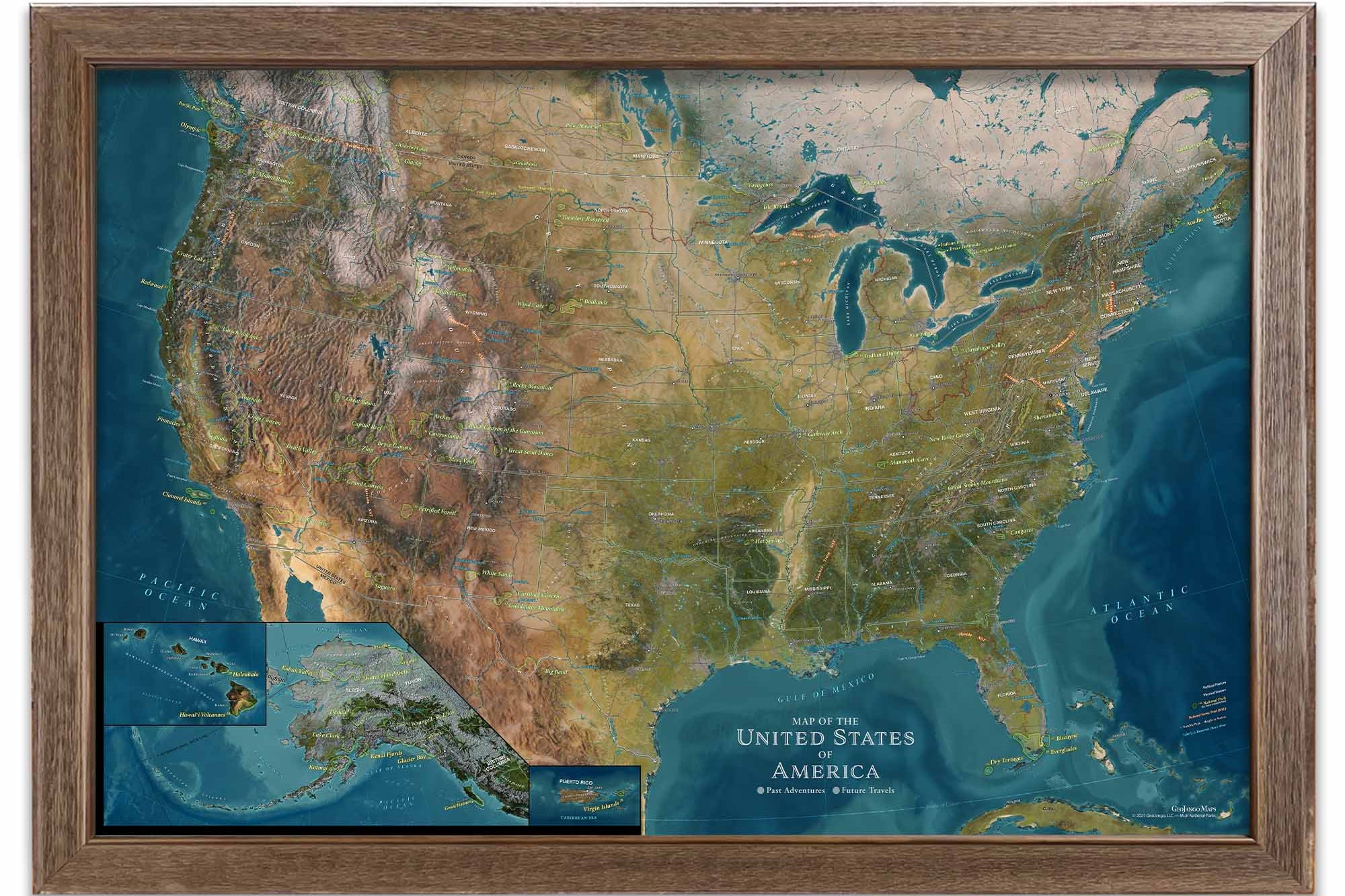 US elevation map featuring National Parks push pin map with states, mountains, rivers, and cities to explore.