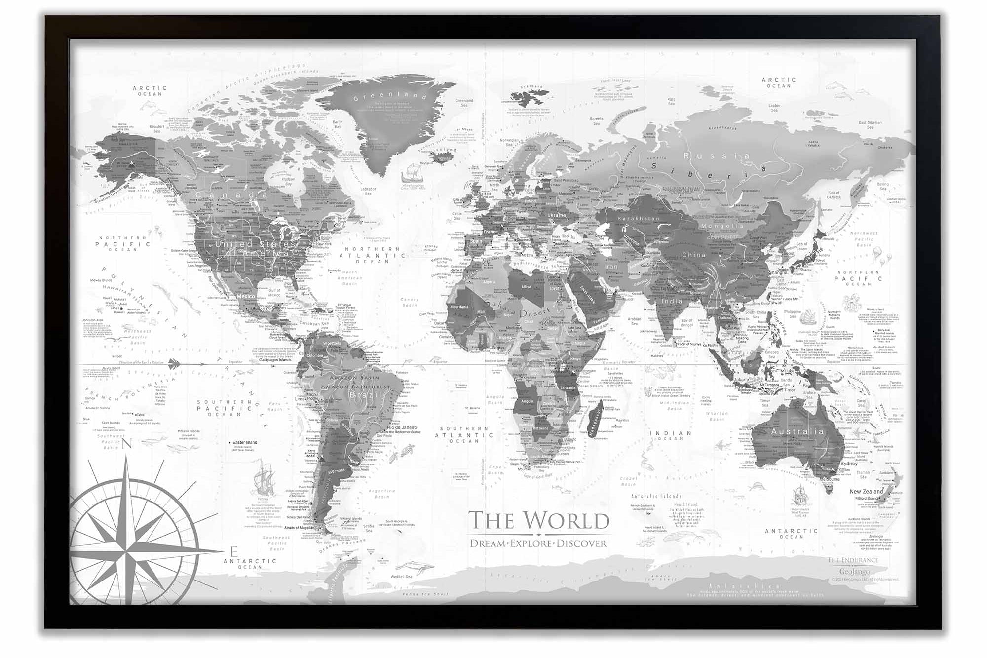 black and white framed world map with pins
