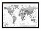 black and white framed world map with pins