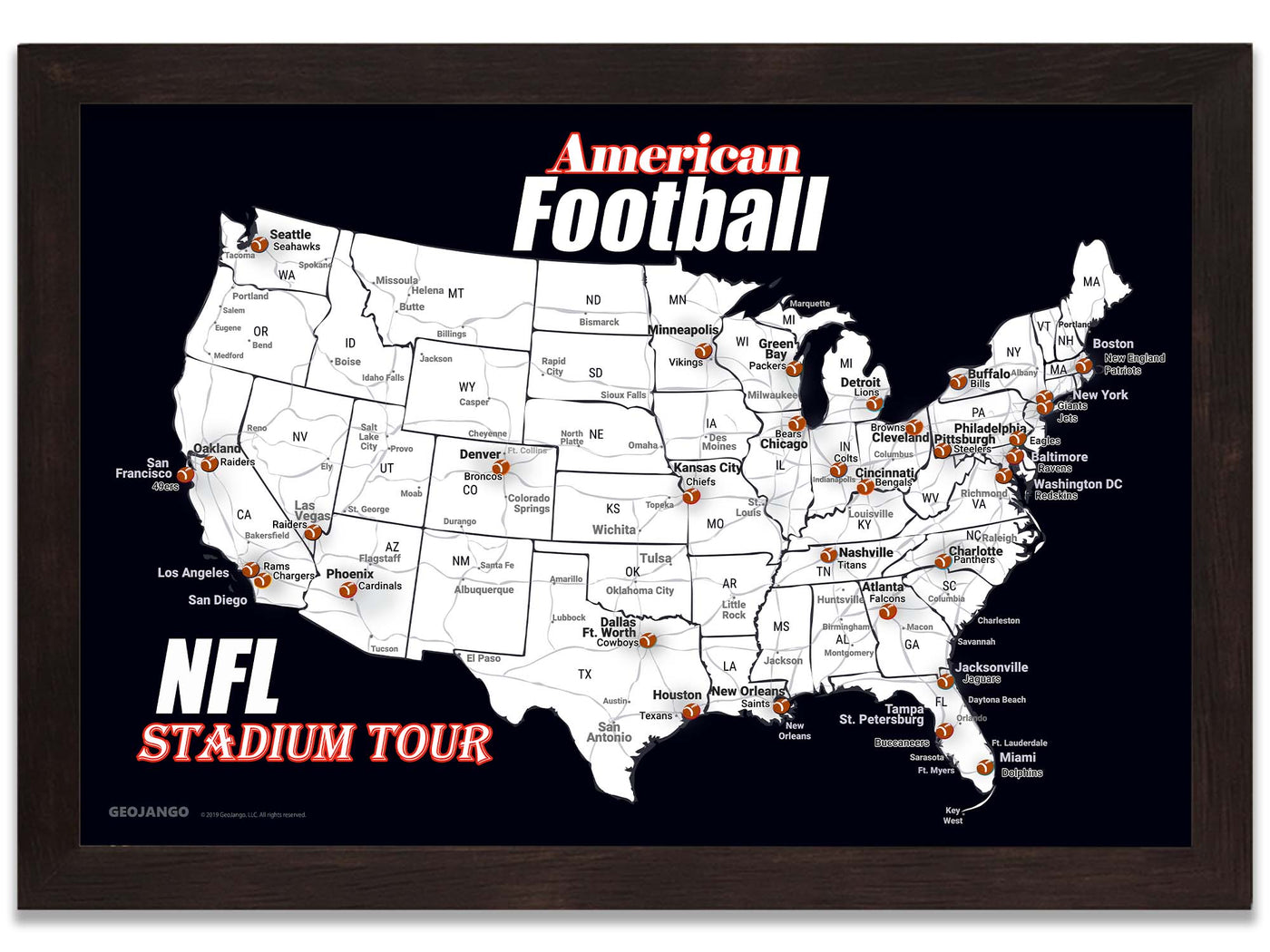 NFL Teams Map, Black Football Stadium Map – GeoJango Maps