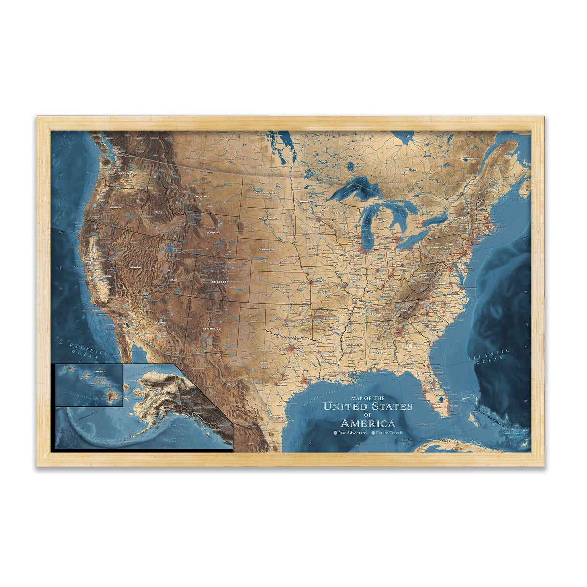 US Travel Map with Pins - Driftwood Navy & Gold – GeoJango Maps