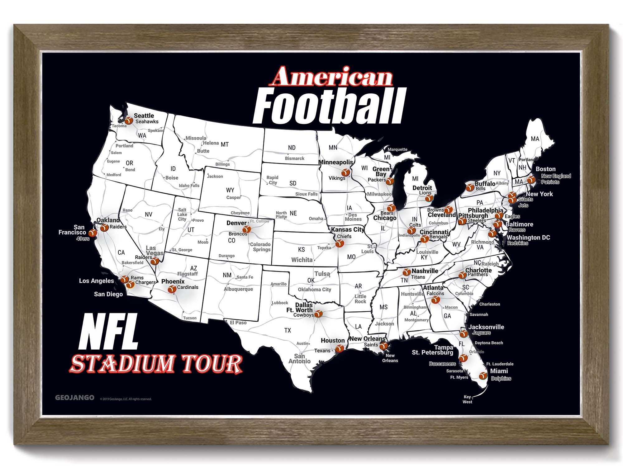 NFL Teams Map, Black Football Stadium Map – GeoJango Maps