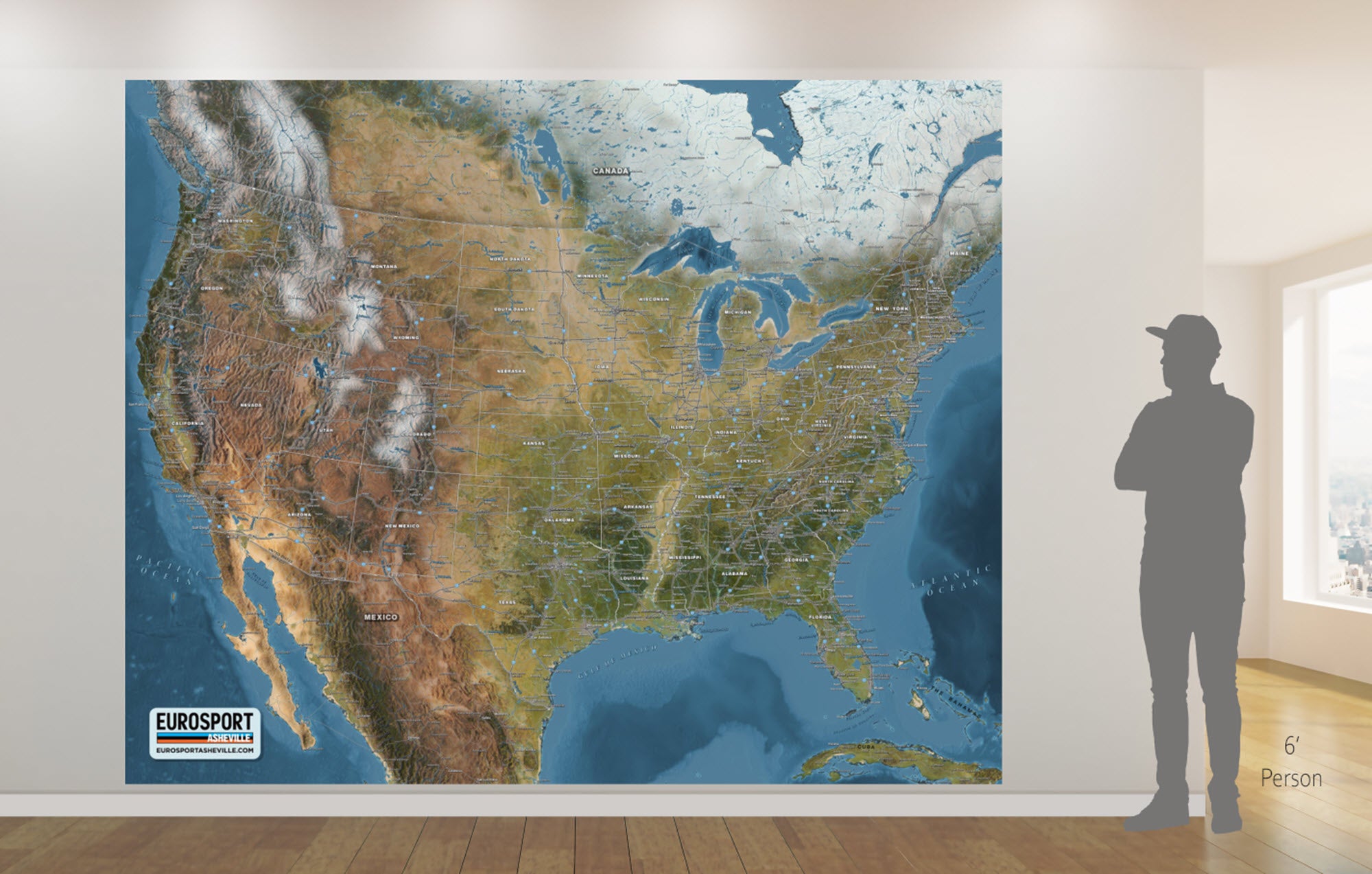 Customized business version of North America mural map with added company location pins and custom labels.