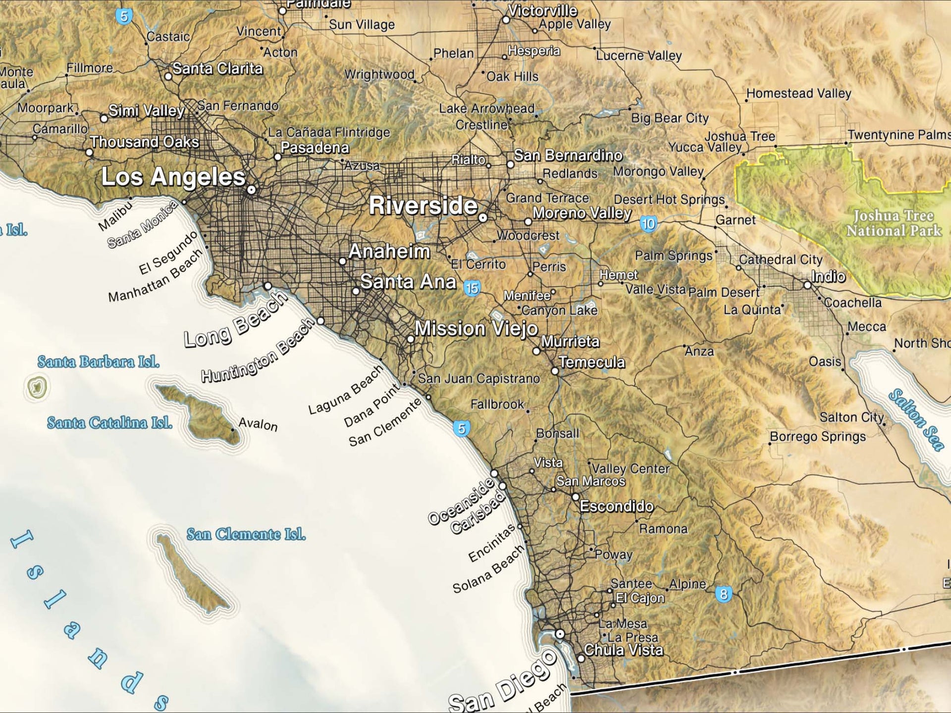 Physical Map of California: Terrain-Elevation with Cities, Major Roads ...