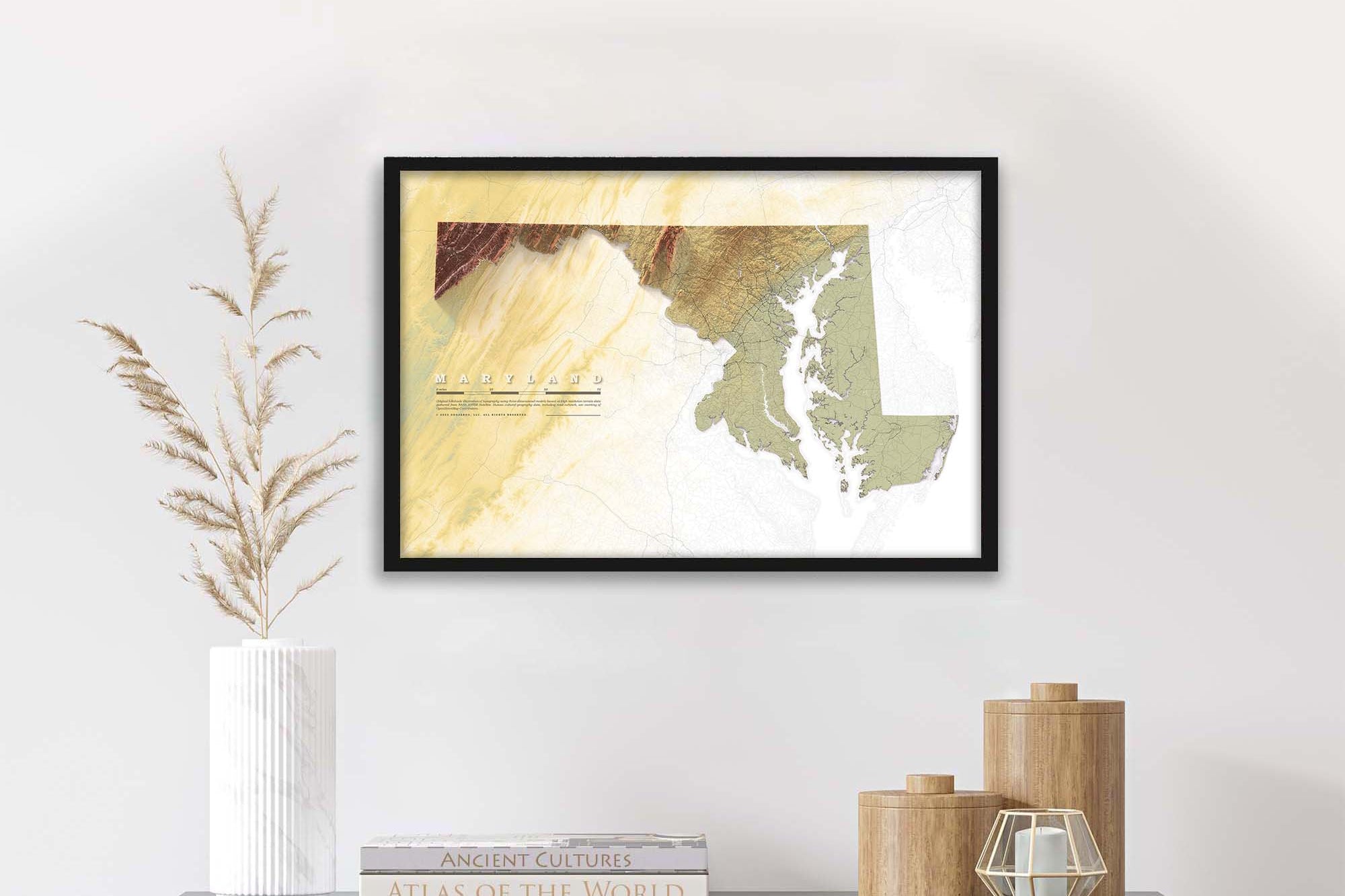 framed maryland shaded relief map