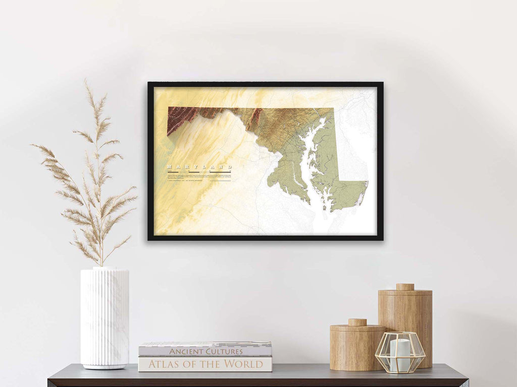 framed maryland shaded relief map