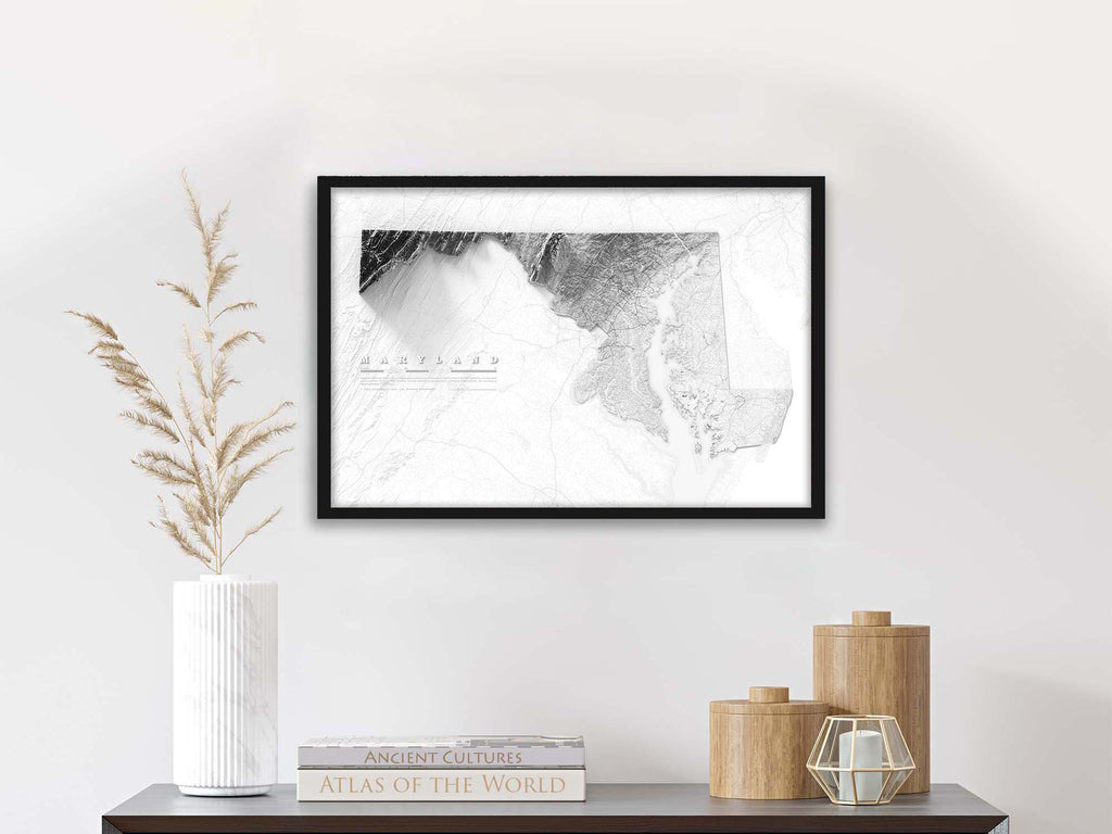 framed greyscale maryland elevation map