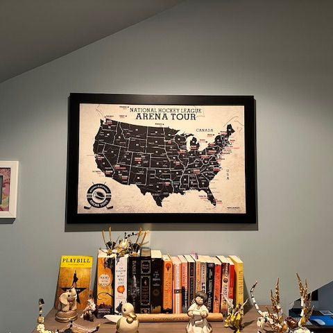 travellers world map Hockey Arena Map hanging above a book shelf