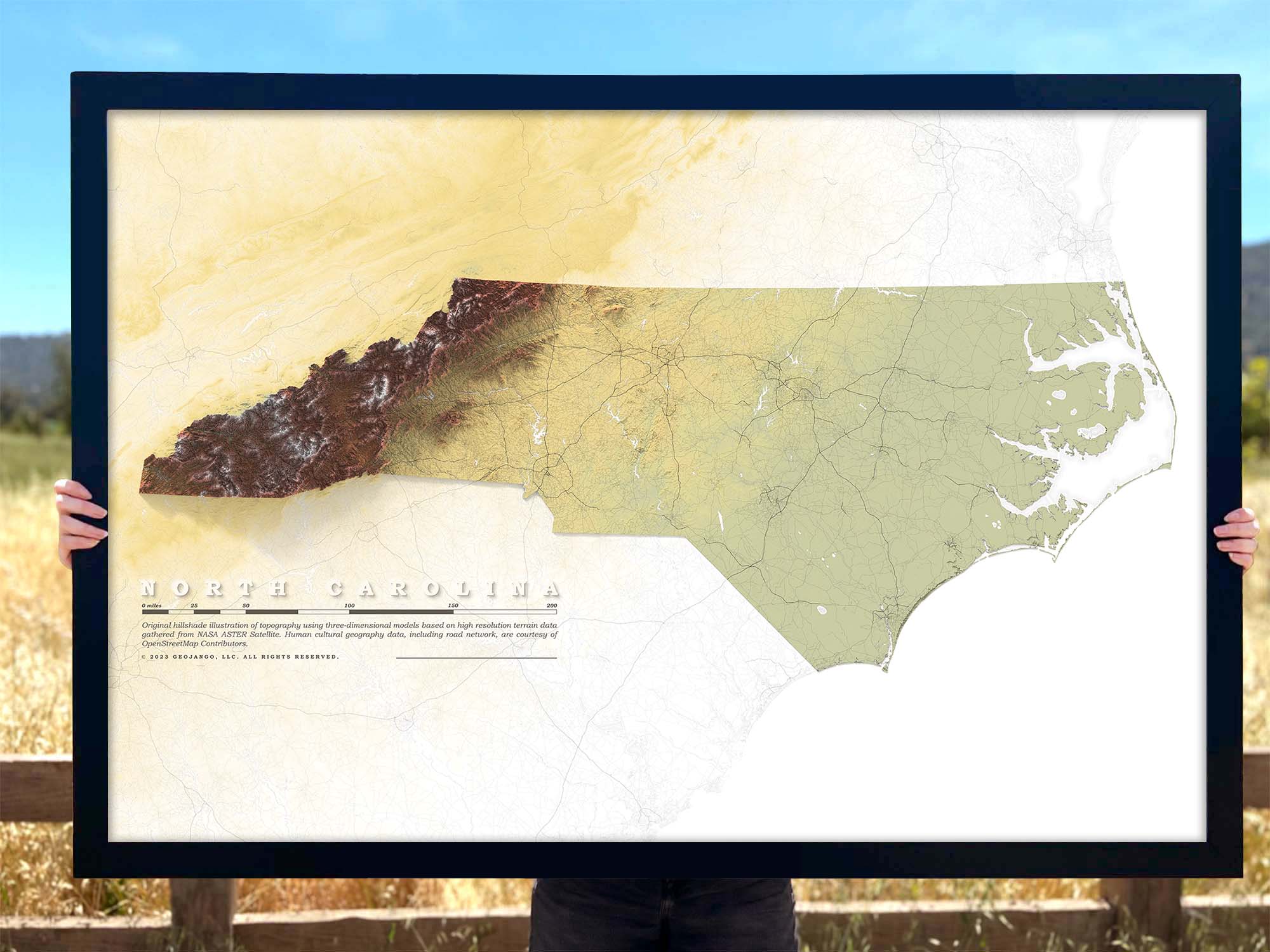 Elevation Map of North Carolina Topo Wall Art