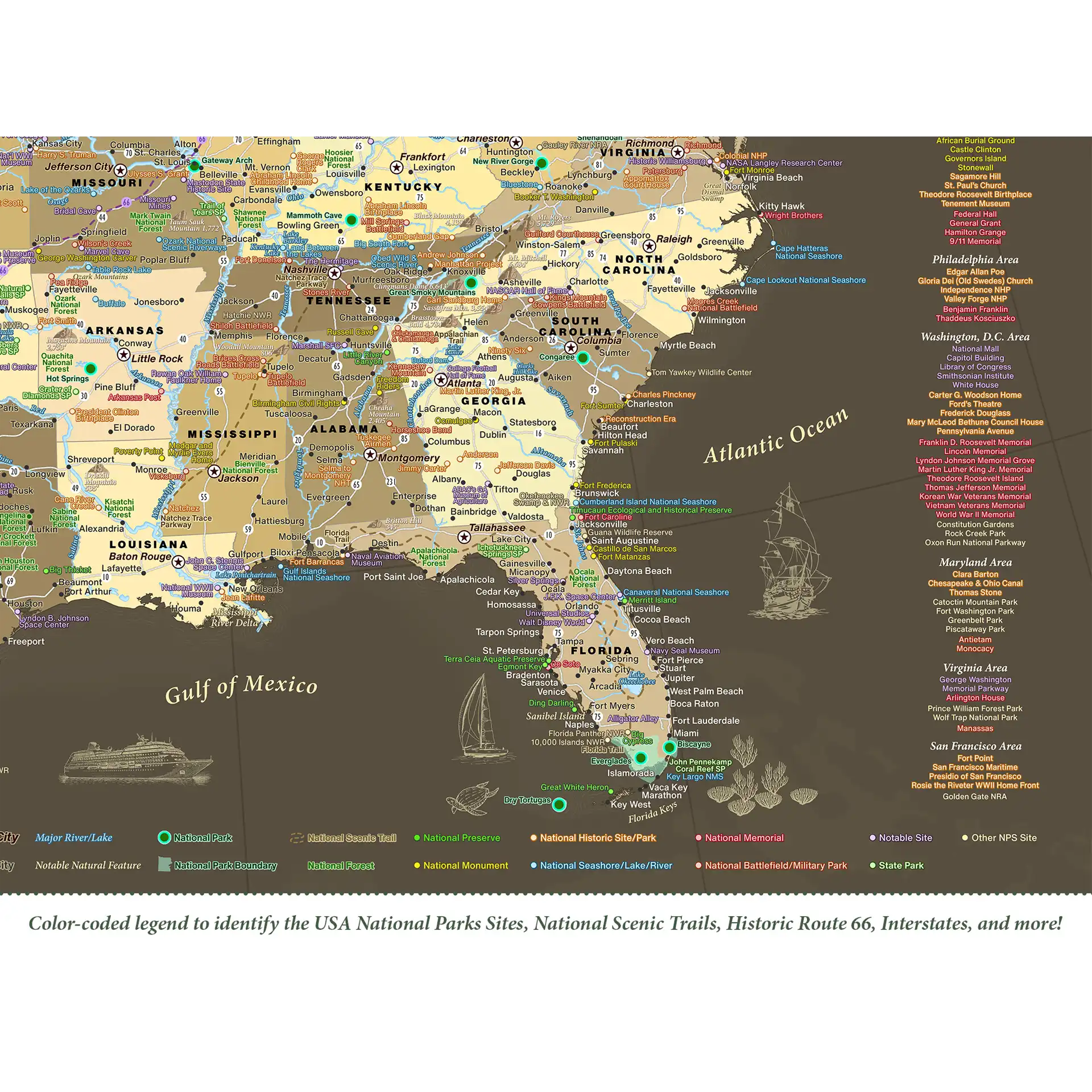 USA push pin map - detailed shot of southern states and legend. "Color-coded legend to identify the USA National Parks Sites, National Scenic Trails, Historic Route 66, Interstates, and more!"