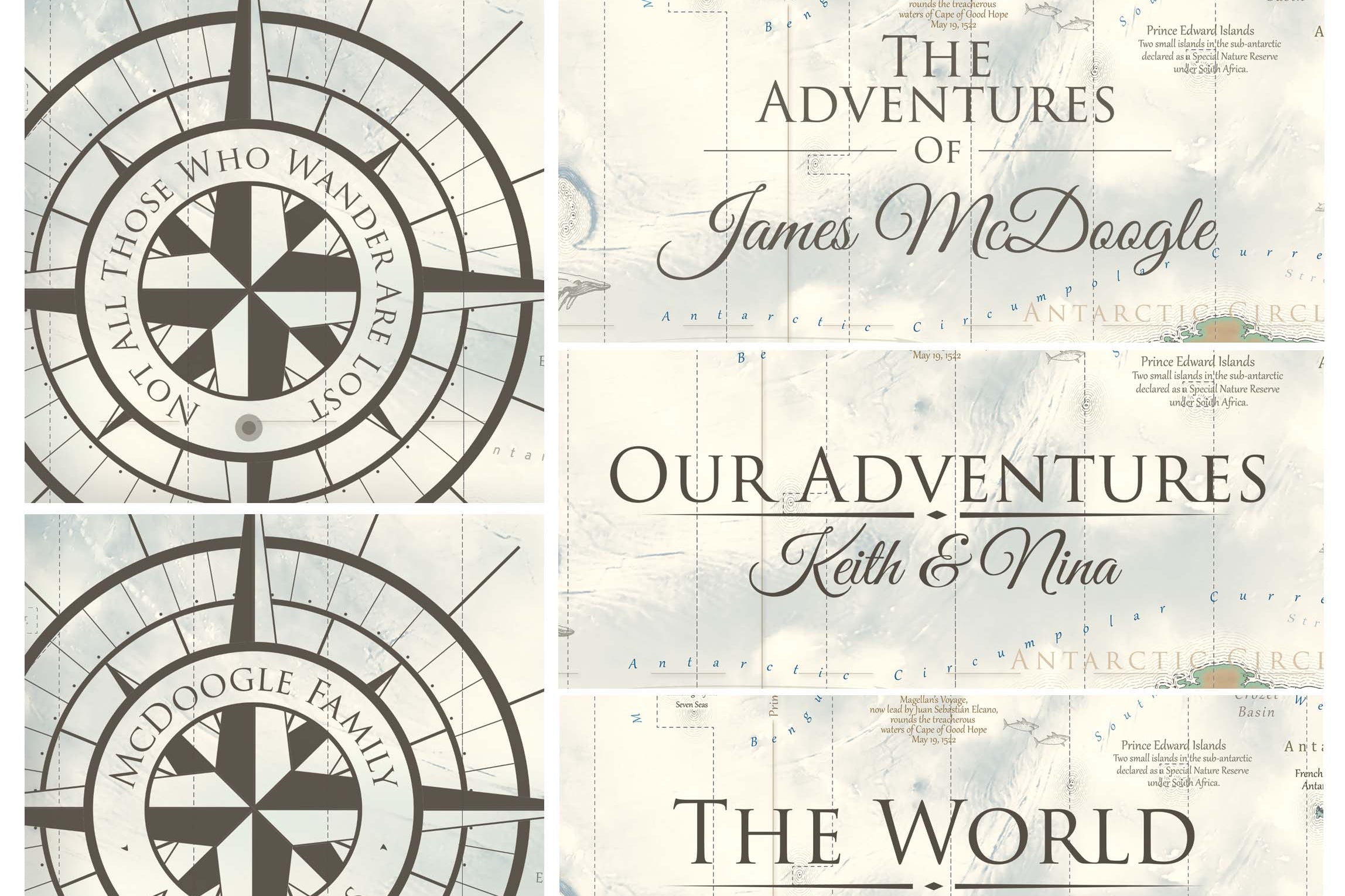 Personalization options for your custom gold world map. Compass, titles, and legends with family or business names