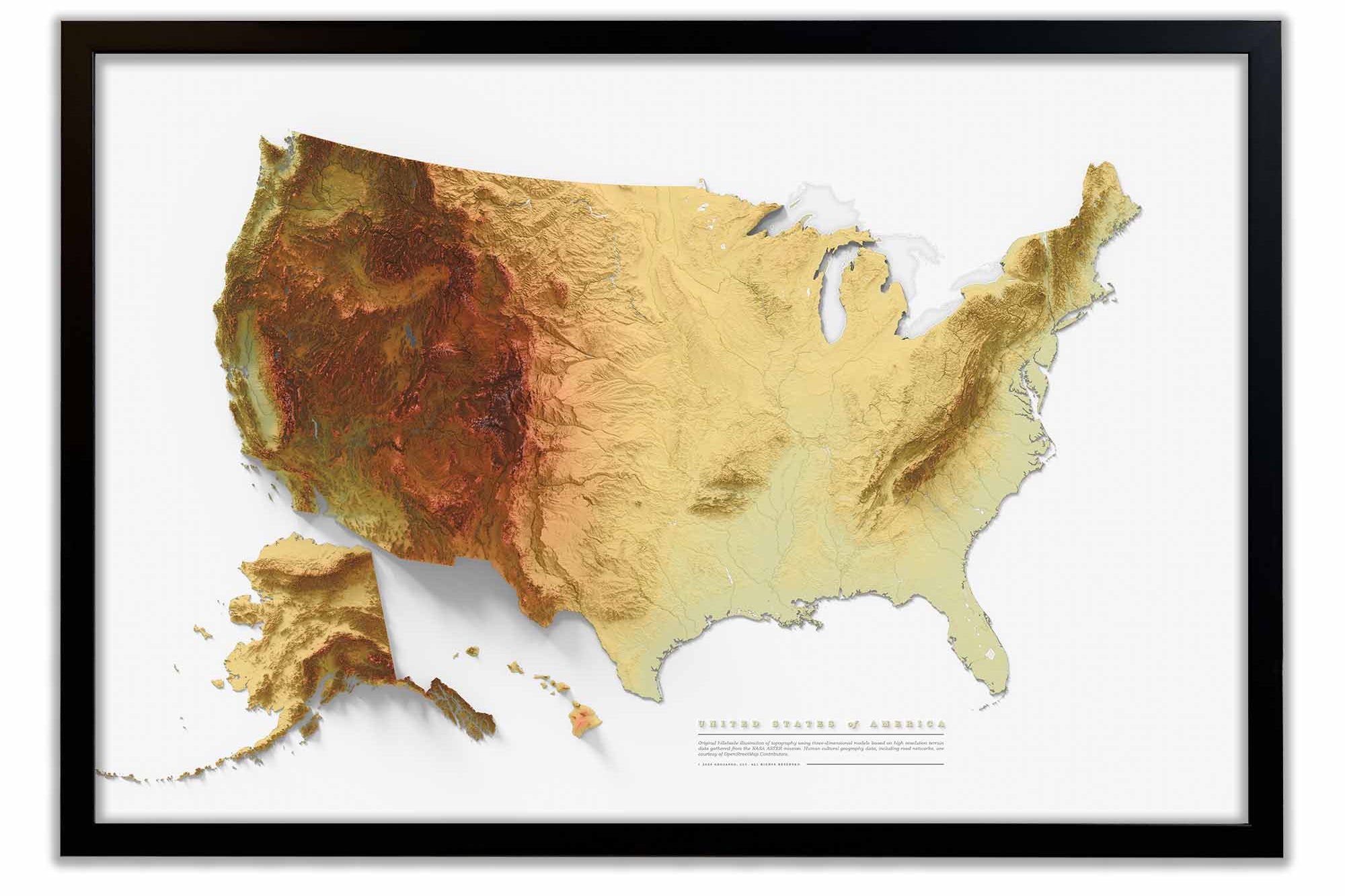 U.S. Elevation Map, featuring color hypsometric tints and deep shaded relief shadows for a 3d effect of America's topography