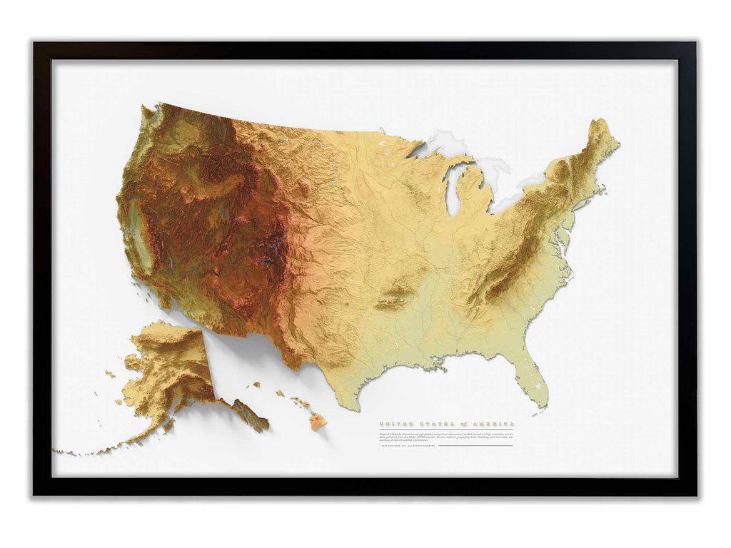 U.S. Elevation Map, featuring color hypsometric tints and deep shaded relief shadows for a 3d effect of America's topography