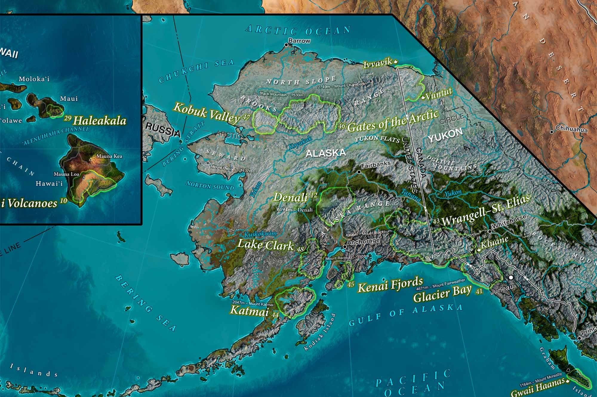 Detailed Alaska on the USA national parks pin map