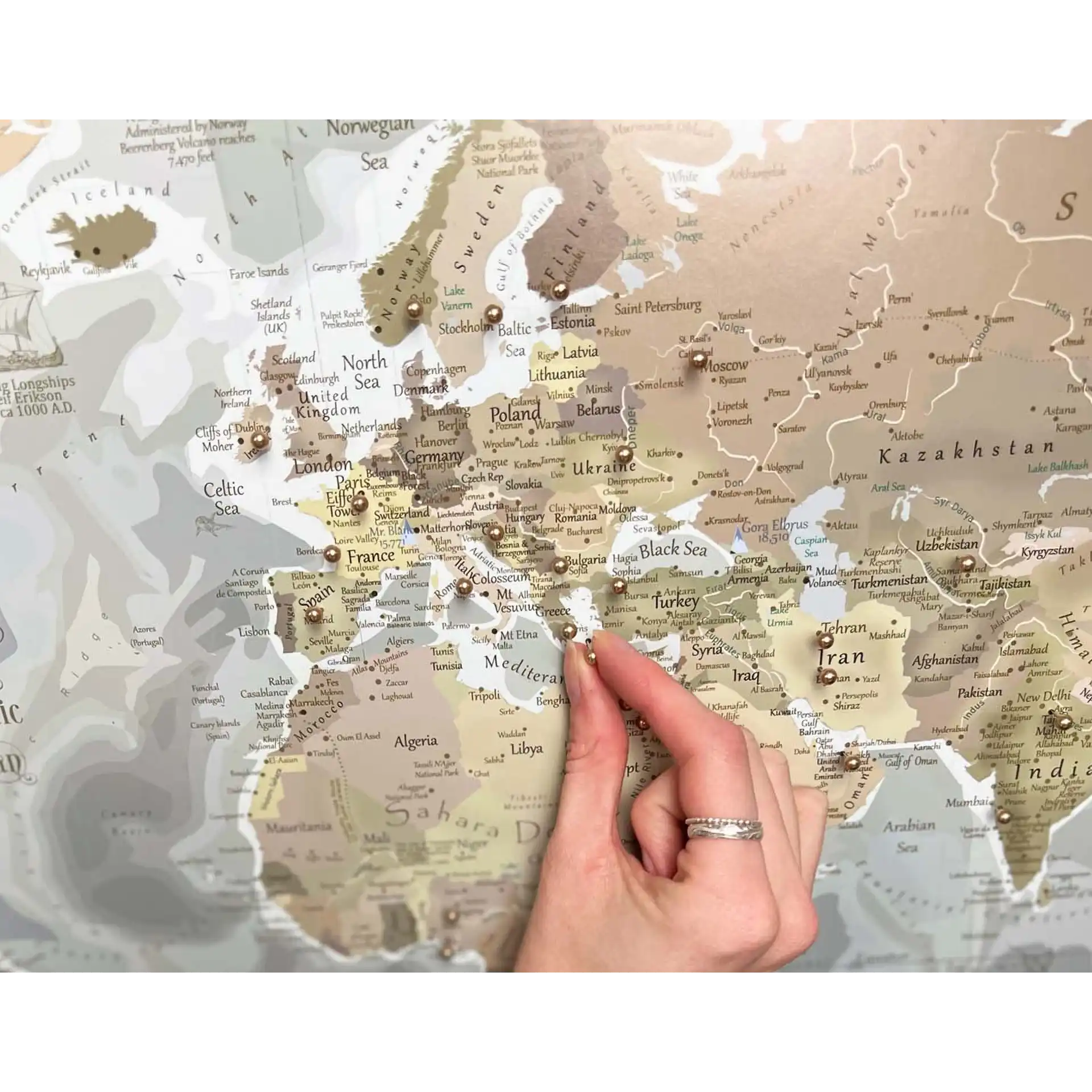 World Map with gold pins