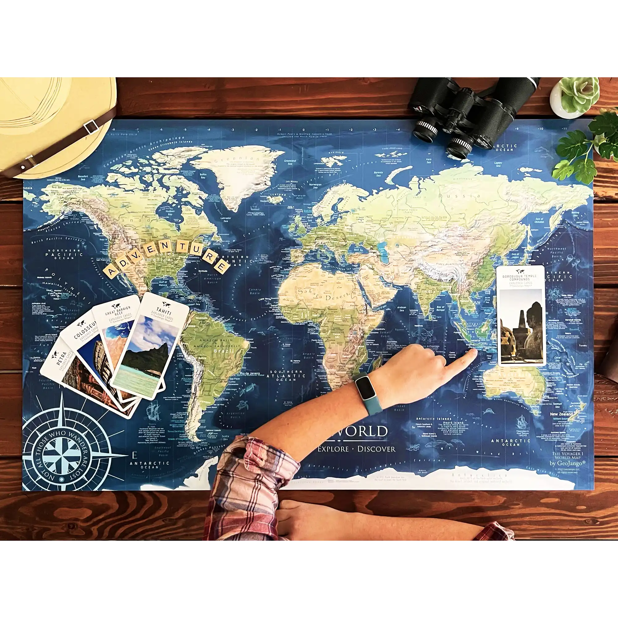 World Push Pin Travel Map in blue on wood
