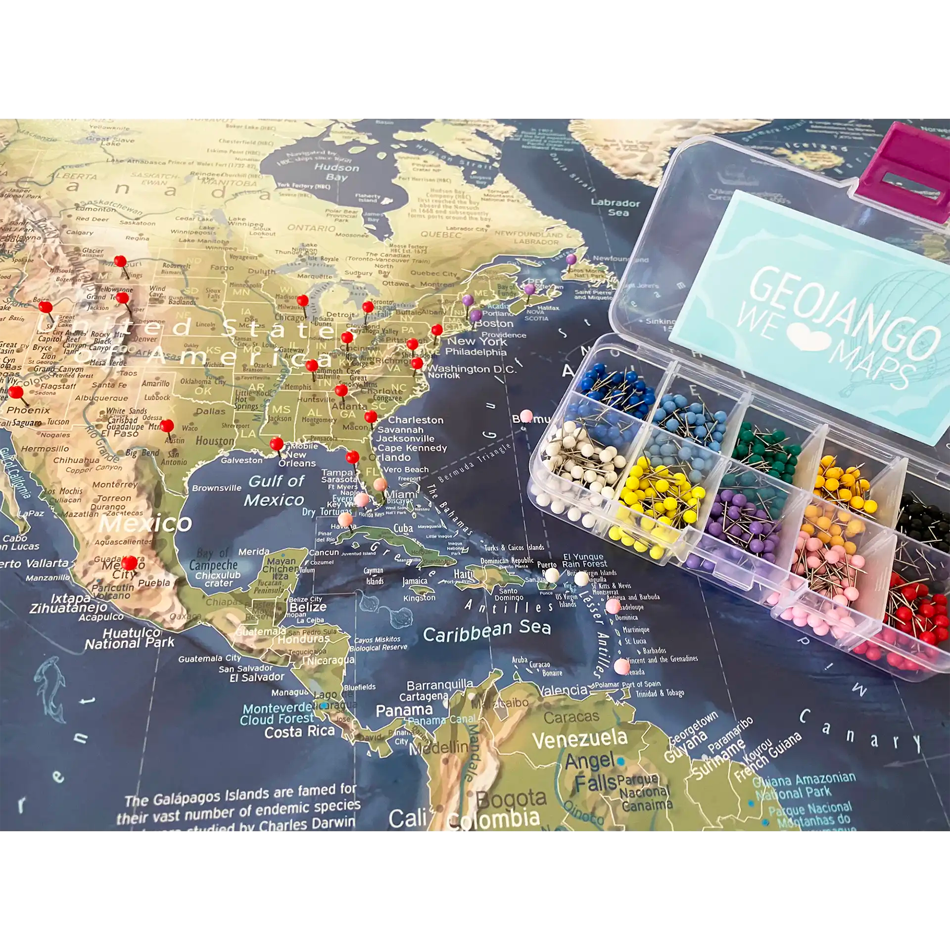 Pushpin world map kit and pinned locations on a map