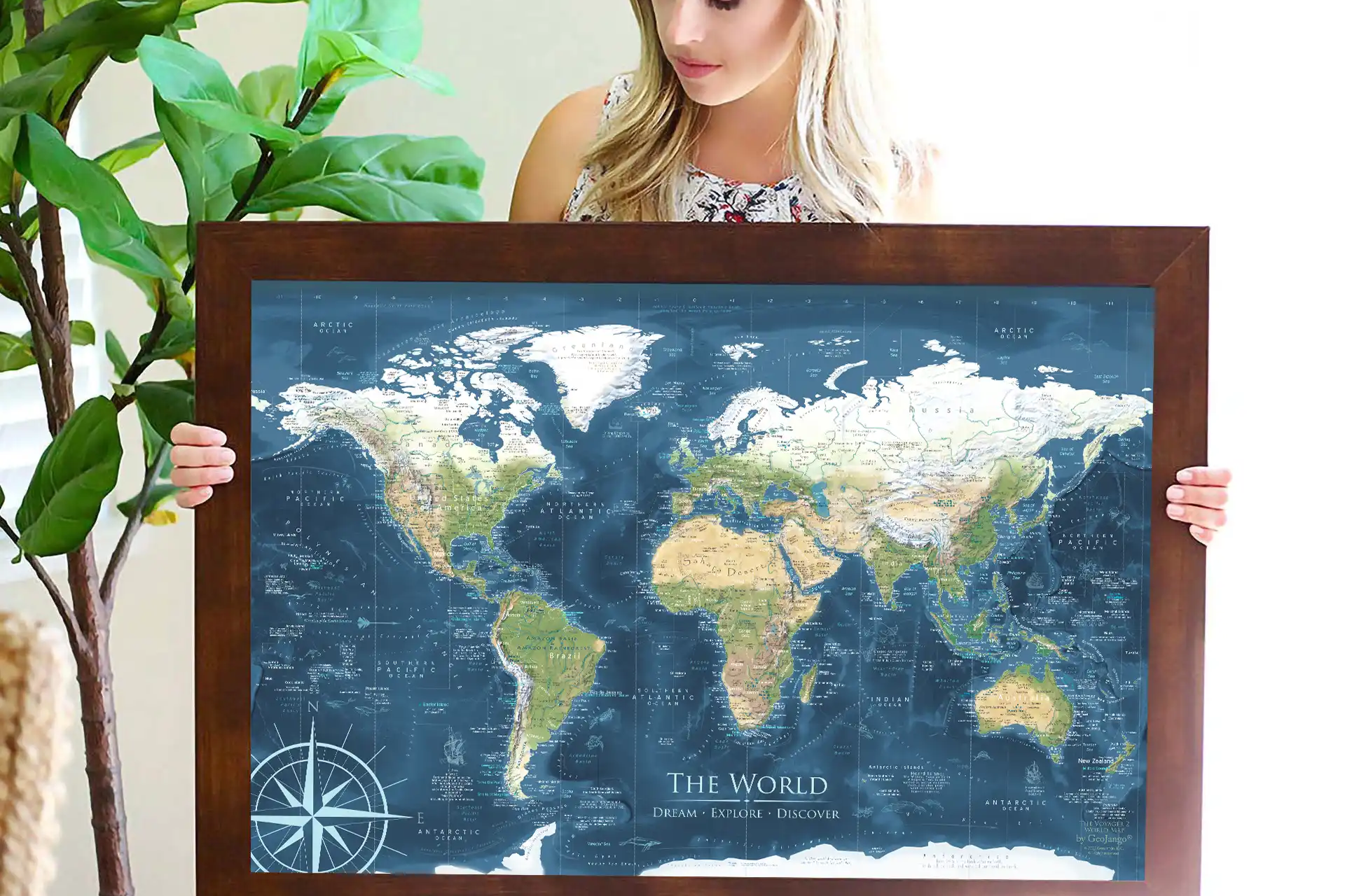 framed pin map of the world blue