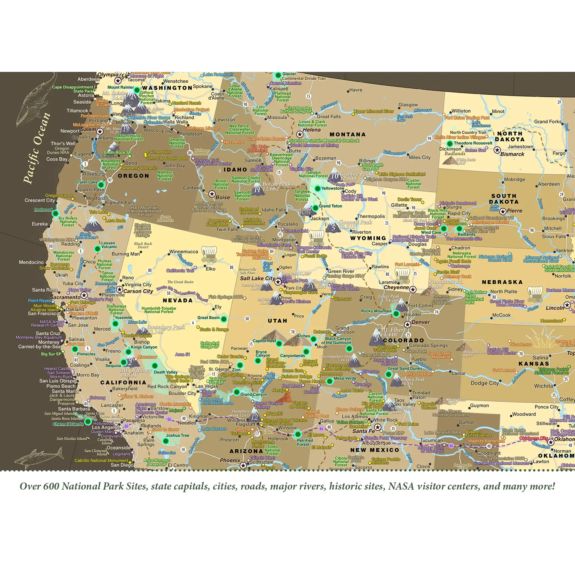 US push pin map Detail of West coast map. "Over 600 National Parks Sites, state capitals, cities, roads, major rivers, historic sites, NASA visitor centers, and many more!"