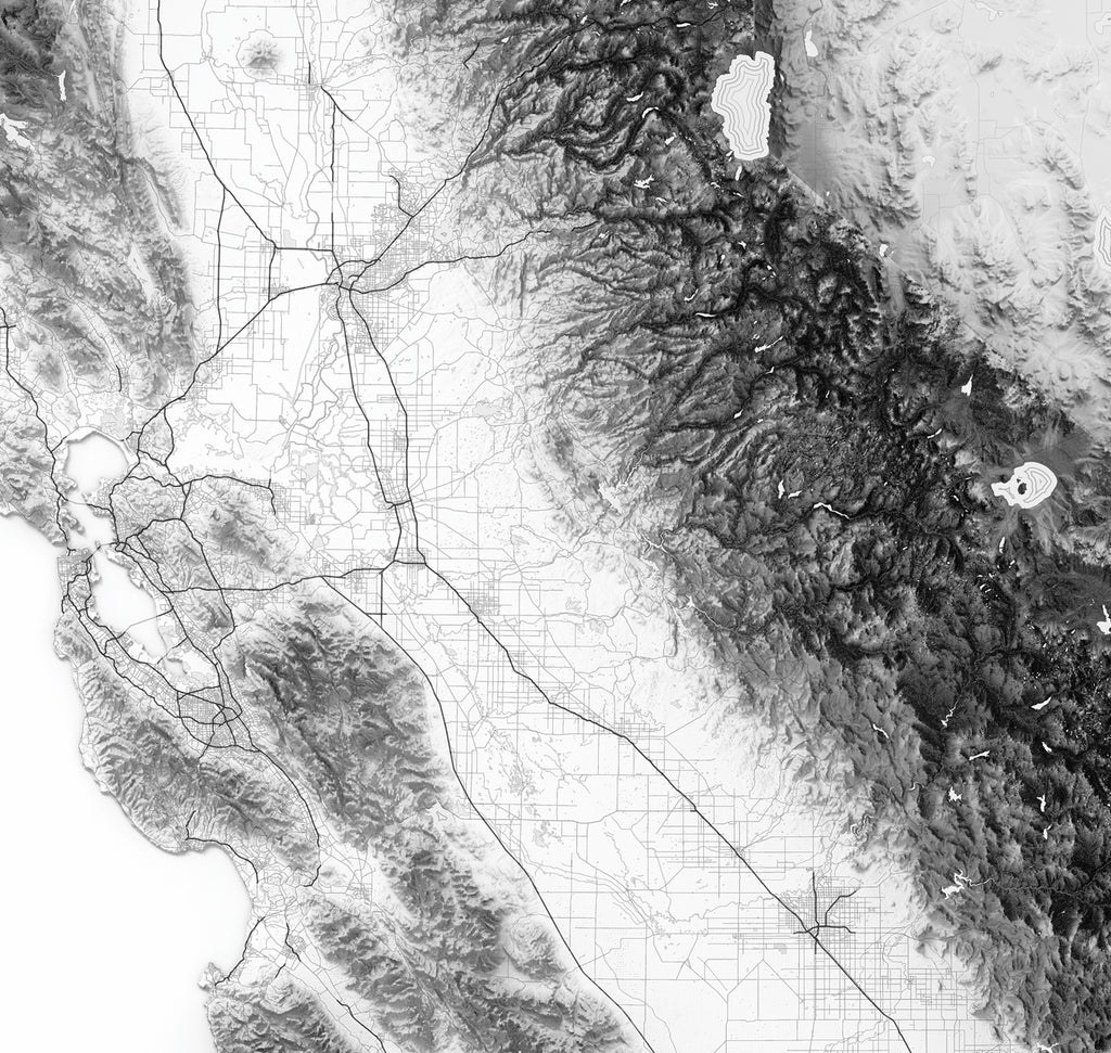 Detailed togographic relief and roads of california's central valley