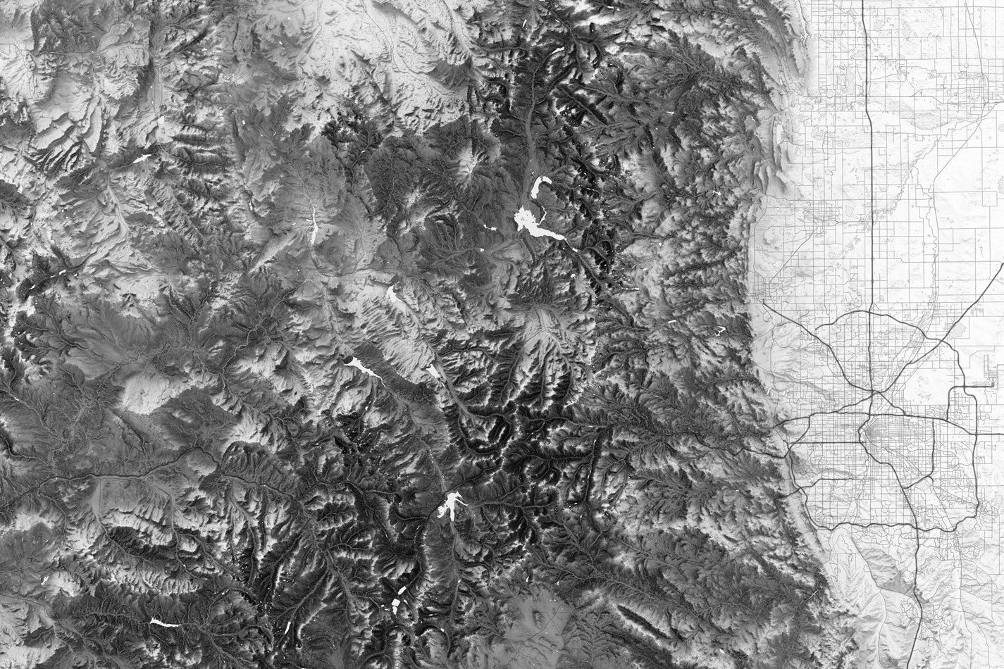 Shaded relief of mountains surrounding Colorado Springs