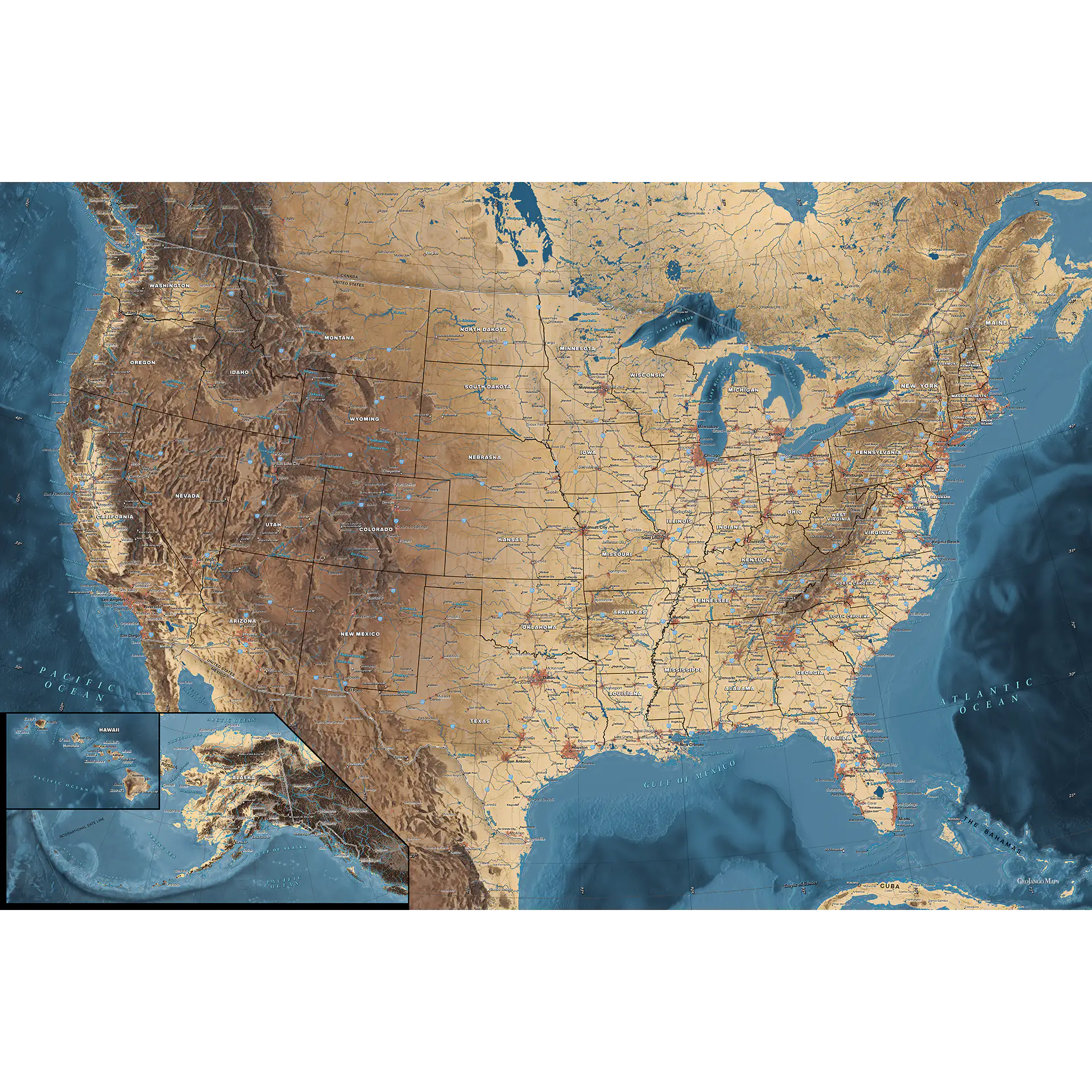 US Push Pin Travel Map in Navy Gold