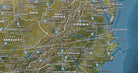Map close-up of the Eastern United States with dense urban areas, transportation routes, and geographic features.