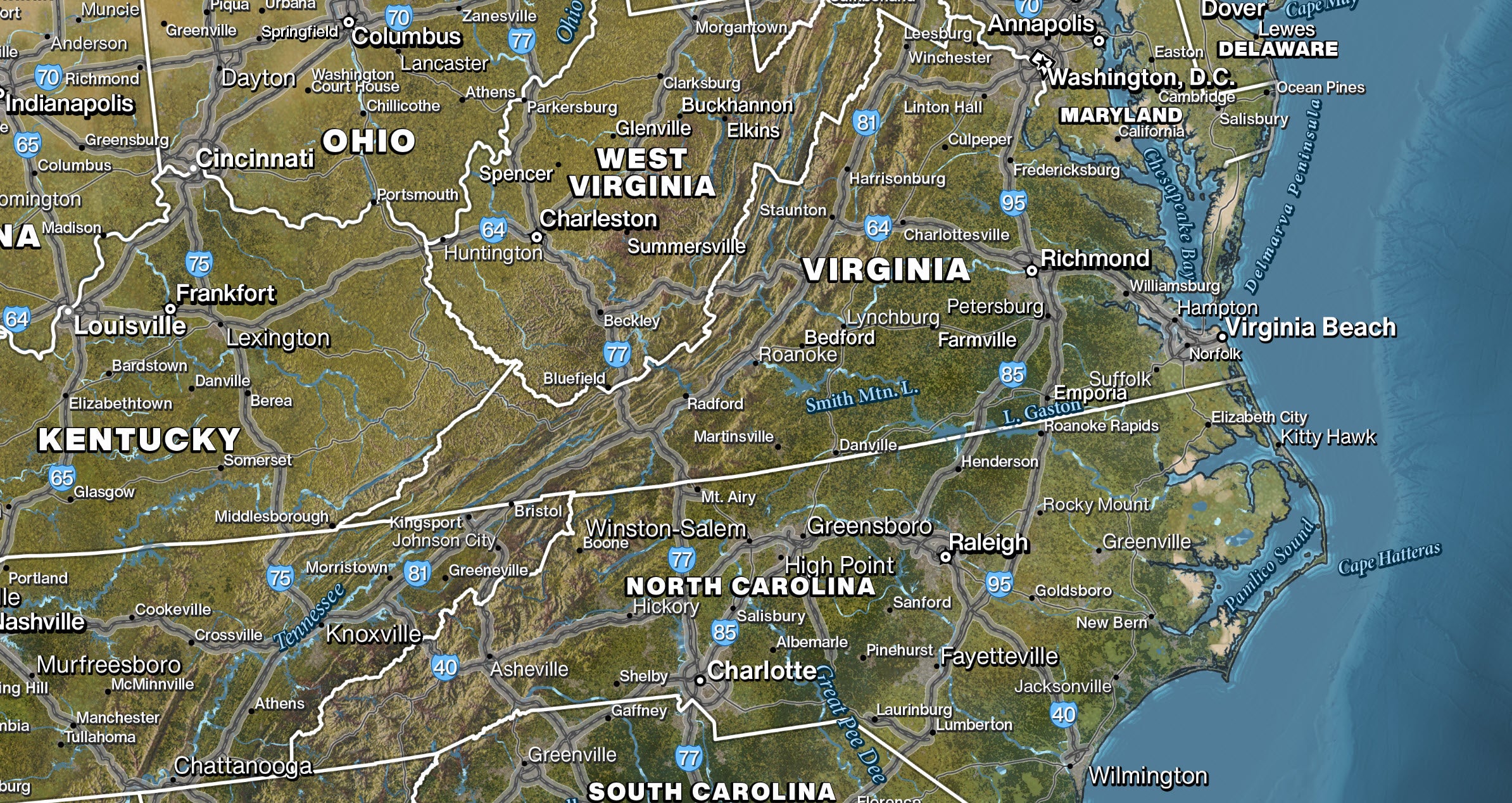 Map close-up of the Eastern United States with dense urban areas, transportation routes, and geographic features.