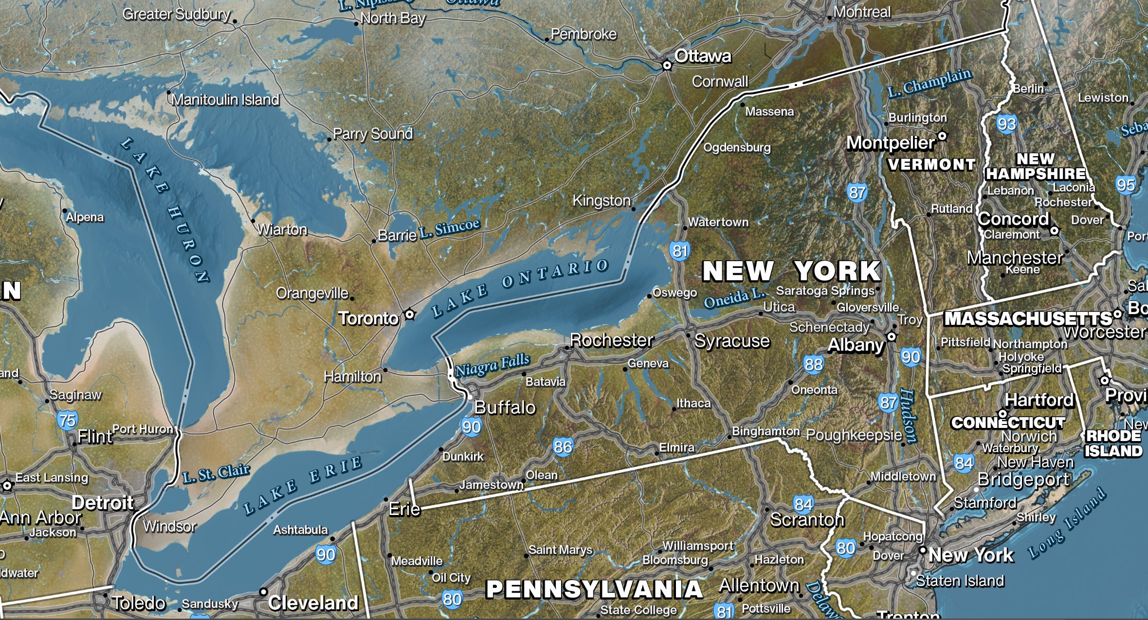 Detailed satellite map of the Northwestern USA with elevation shading, forested regions, and major roadways.