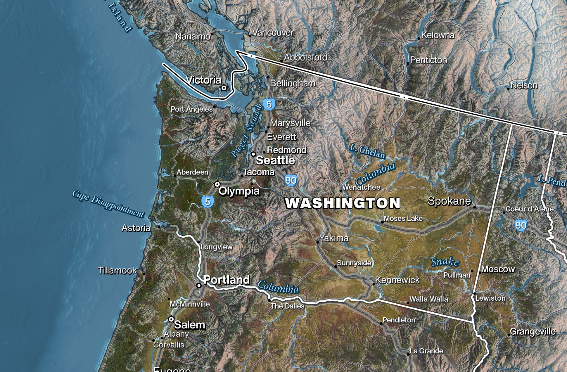 Detailed satellite map of the Northwestern USA with elevation shading, forested regions, and major roadways.