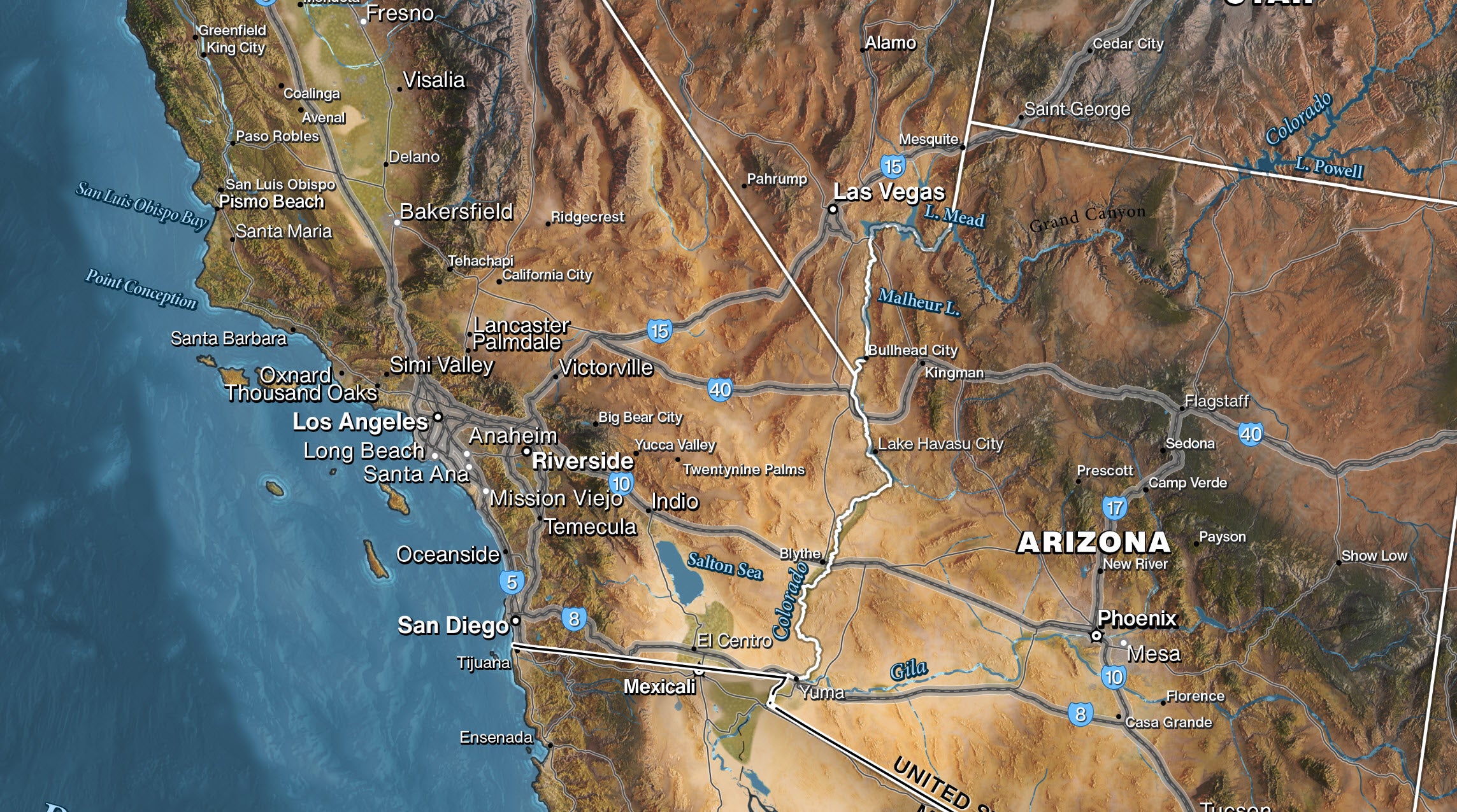 Close-up of Southwestern United States map showing deserts, mountain ranges, road networks, and elevation detail.