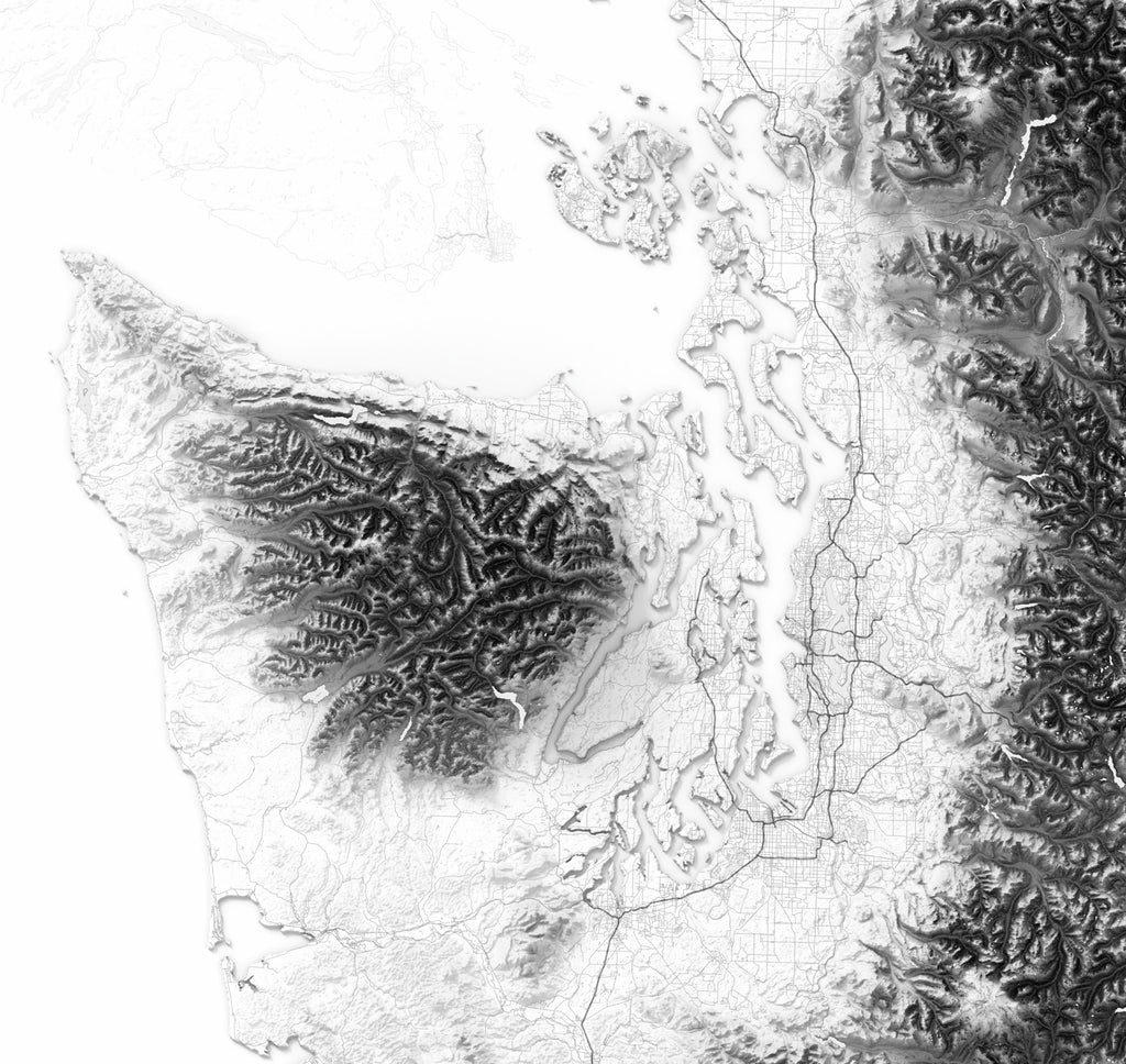 Shaded relief of Olympic national park and mountain ranges surrounding Seattle.