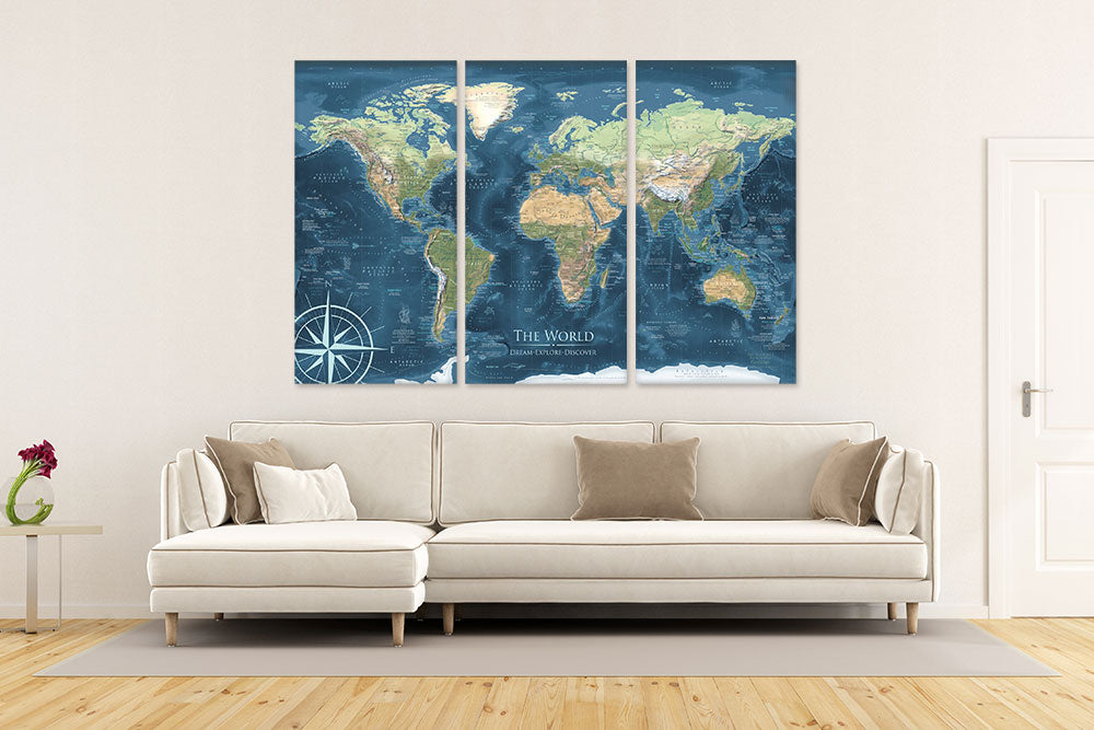 Huge 3 panel canvas world map in a living room