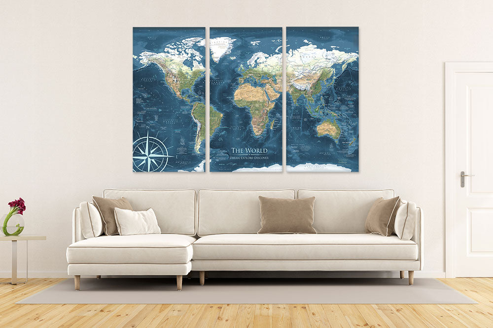 3 panel world map canvas