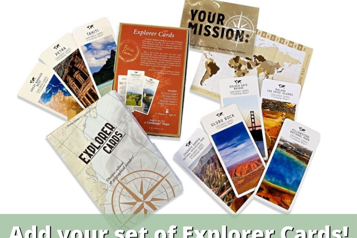 Enhance your educational journey with the Explorer Cards game set, guiding you through the world wonders you will find on your world travel map.