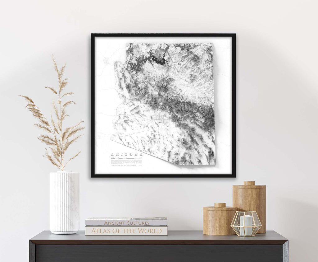 framed elevation map of Arizona with cities